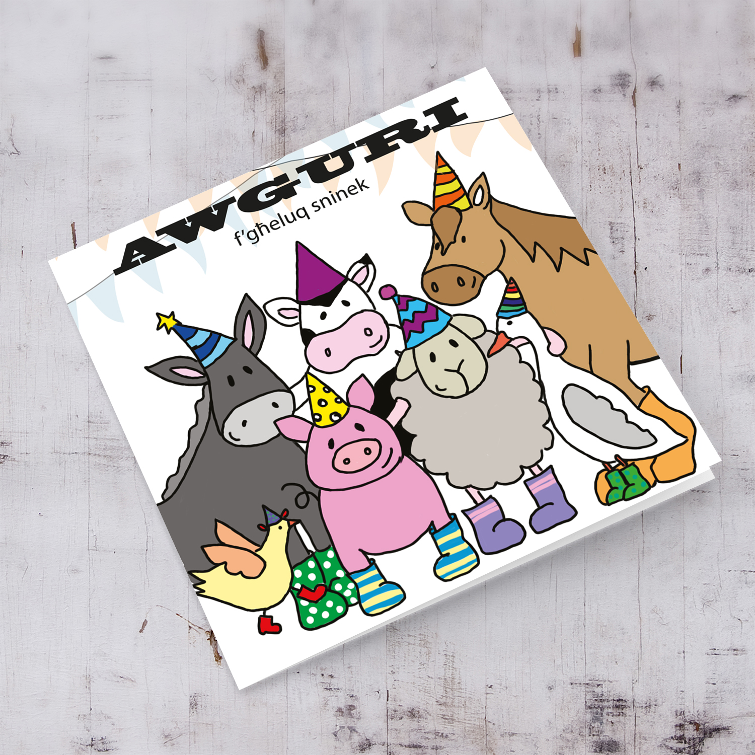 Farm Animal themed birthday card in Maltese