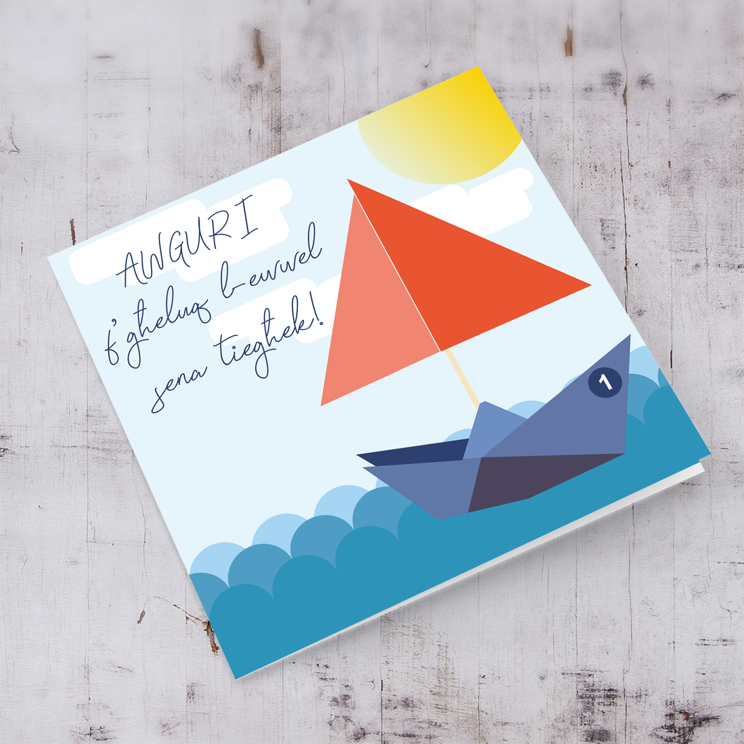 1 Year Birthday card paper boat themed in Maltese