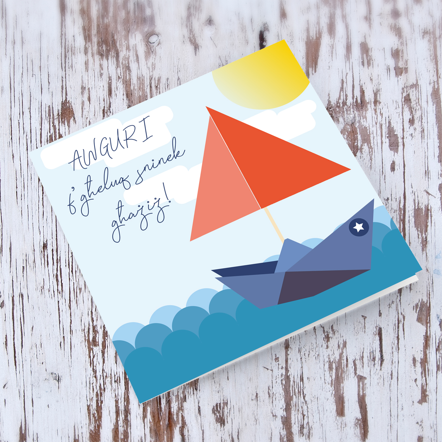 Paper boat themed birthday card for boys in Maltese