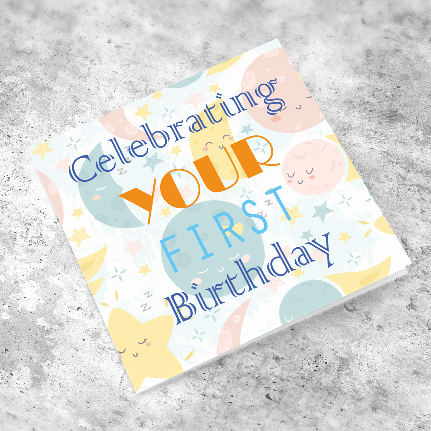 Moon and Stars themed First Birthday Card in English