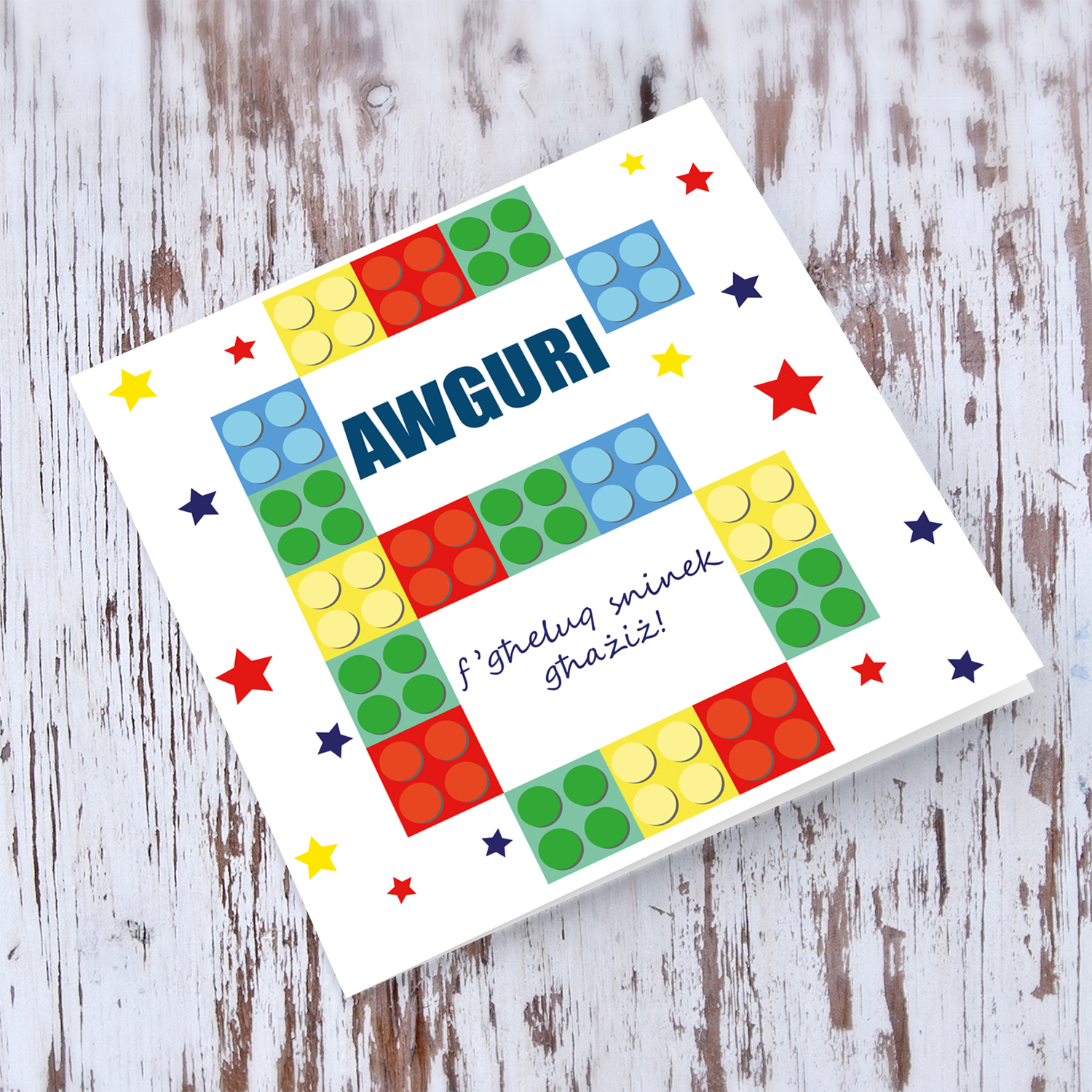 6 - Legos, 6th Birthday Card in Maltese with colourful stars