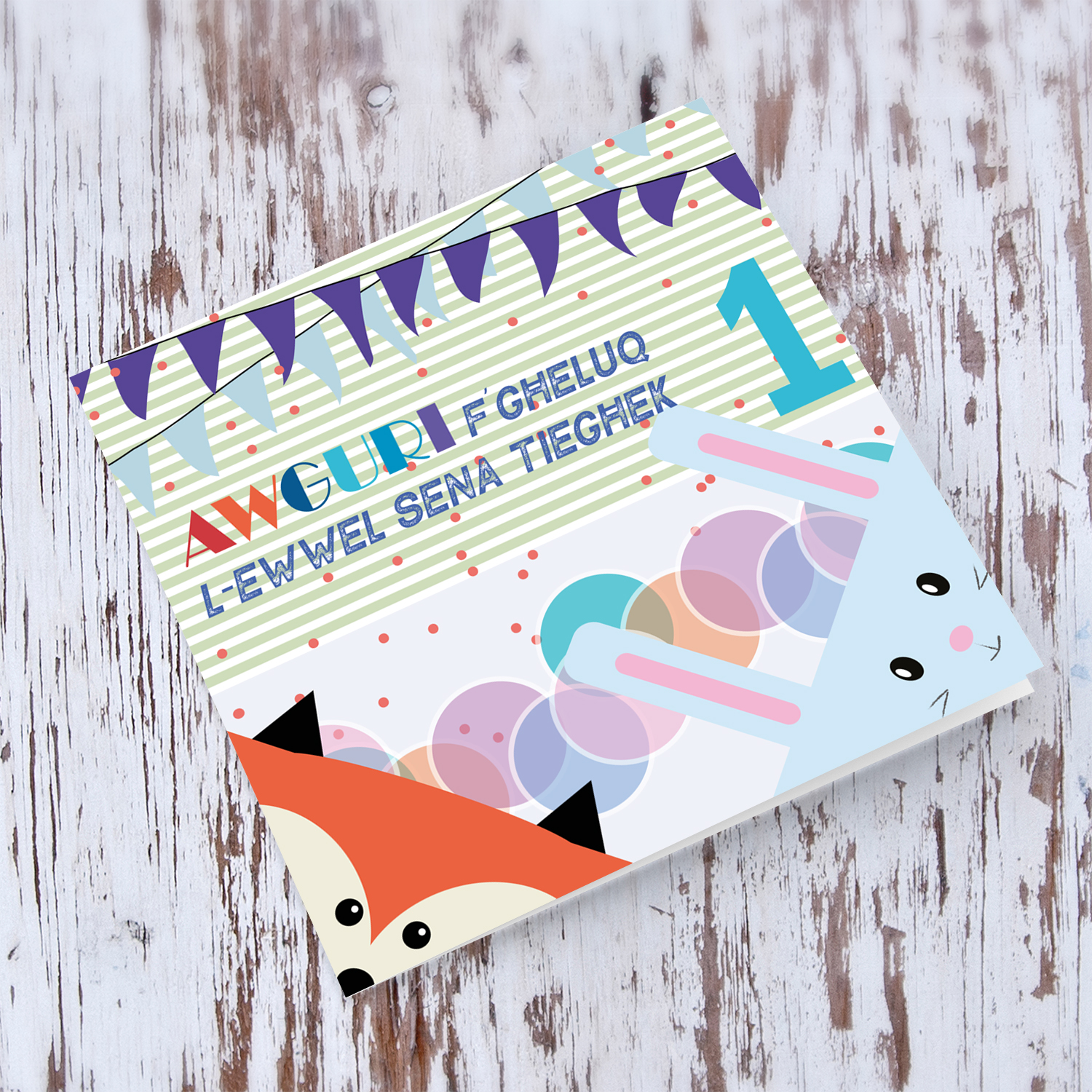 First Birthday Card with Fox and Rabbit in Maltese