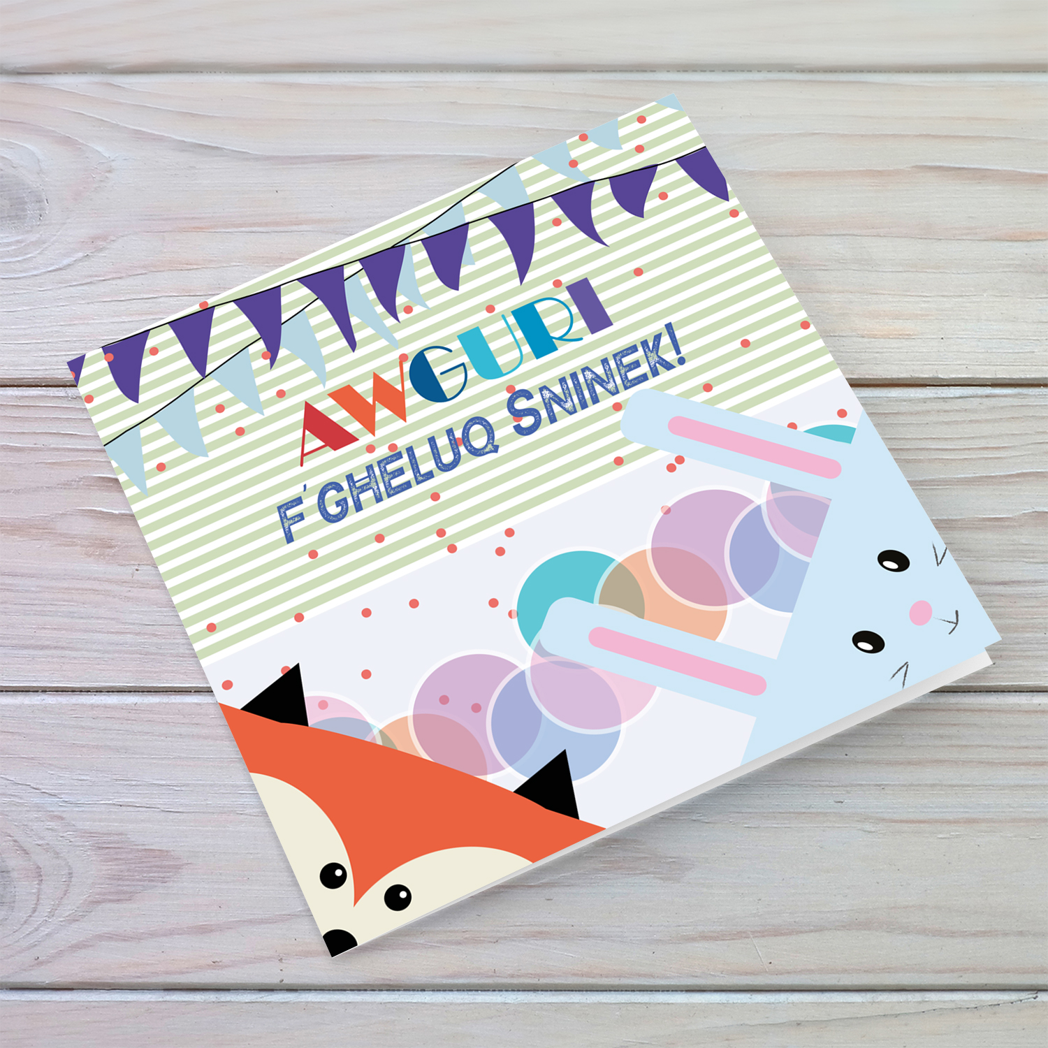 Fox and rabbit themed birthday card in Maltese