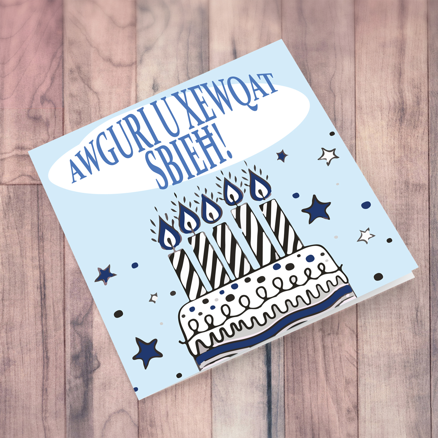 Birthday cake with candles card in blue tones - Maltese