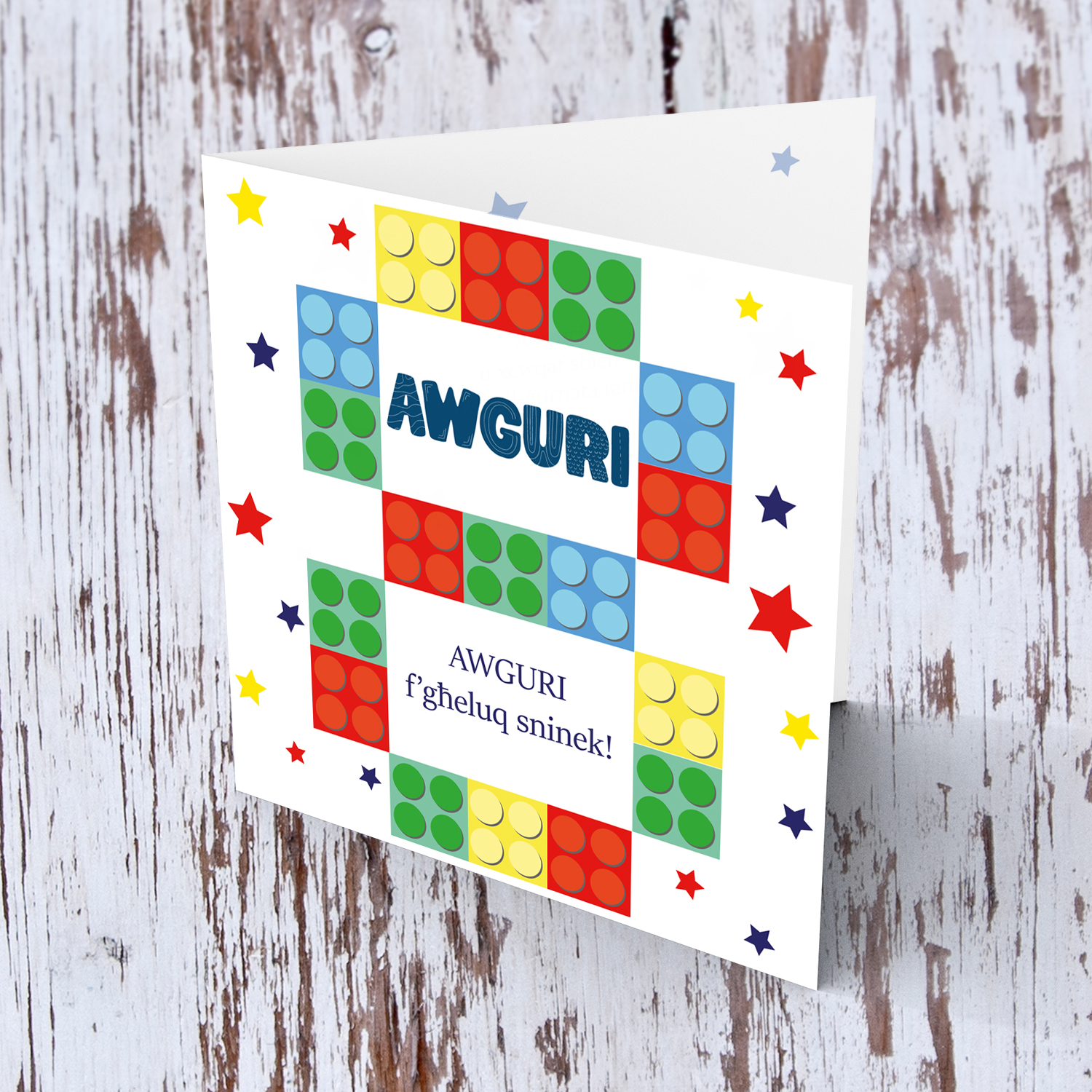 8 - Legos, 8th Birthday Card in Maltese with colourful stars