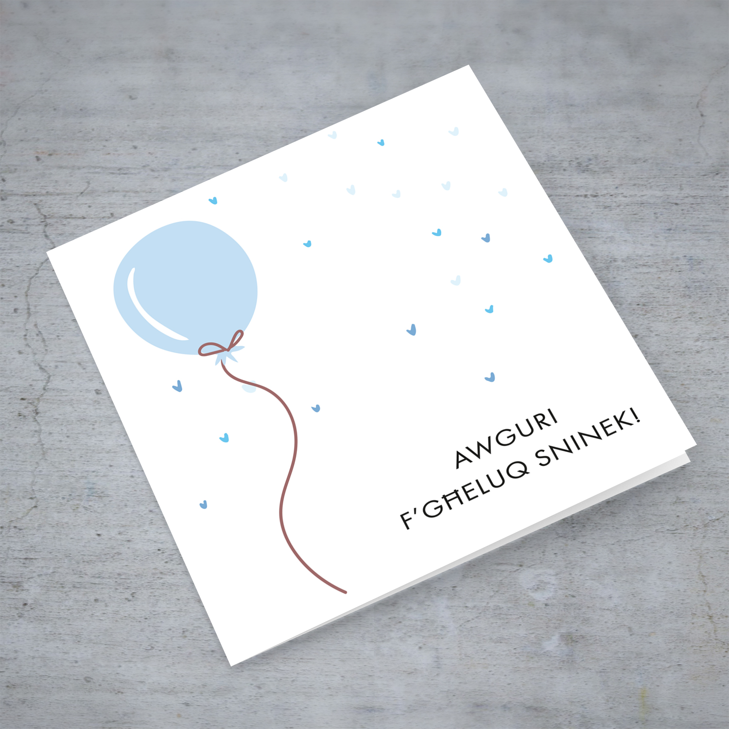 Light blue Balloon themed birthday card for boy in Maltese