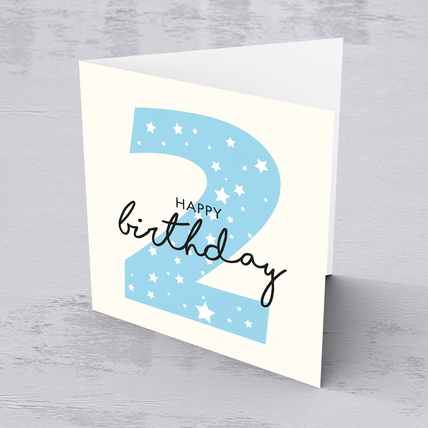 Blue number 2 with scattered white hearts birthday card in English