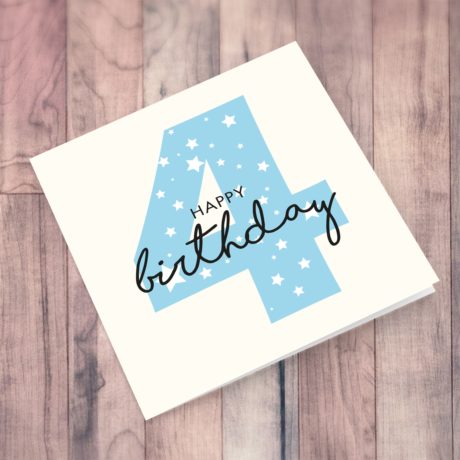 Blue number 4 with scattered white hearts birthday card in English