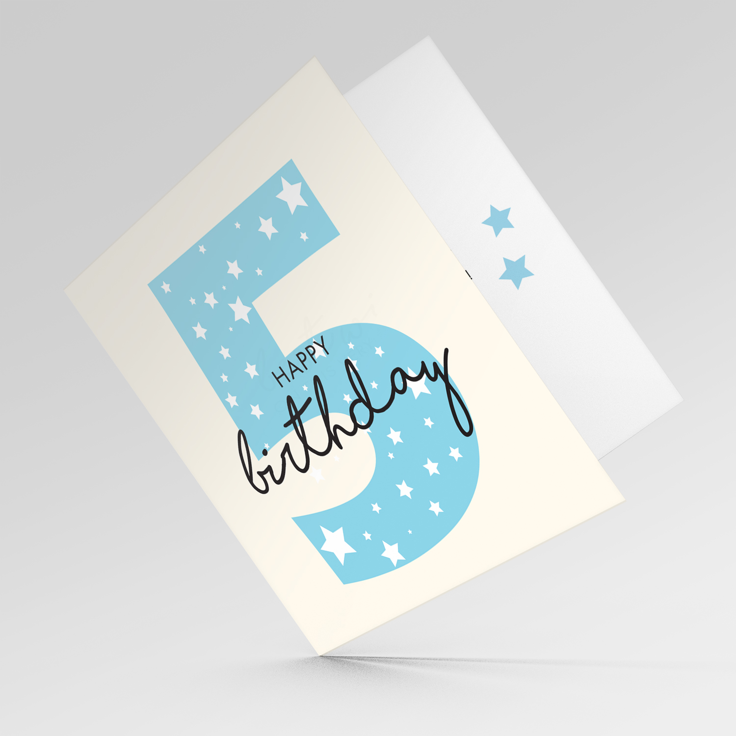Blue number 5 with scattered white hearts birthday card in English
