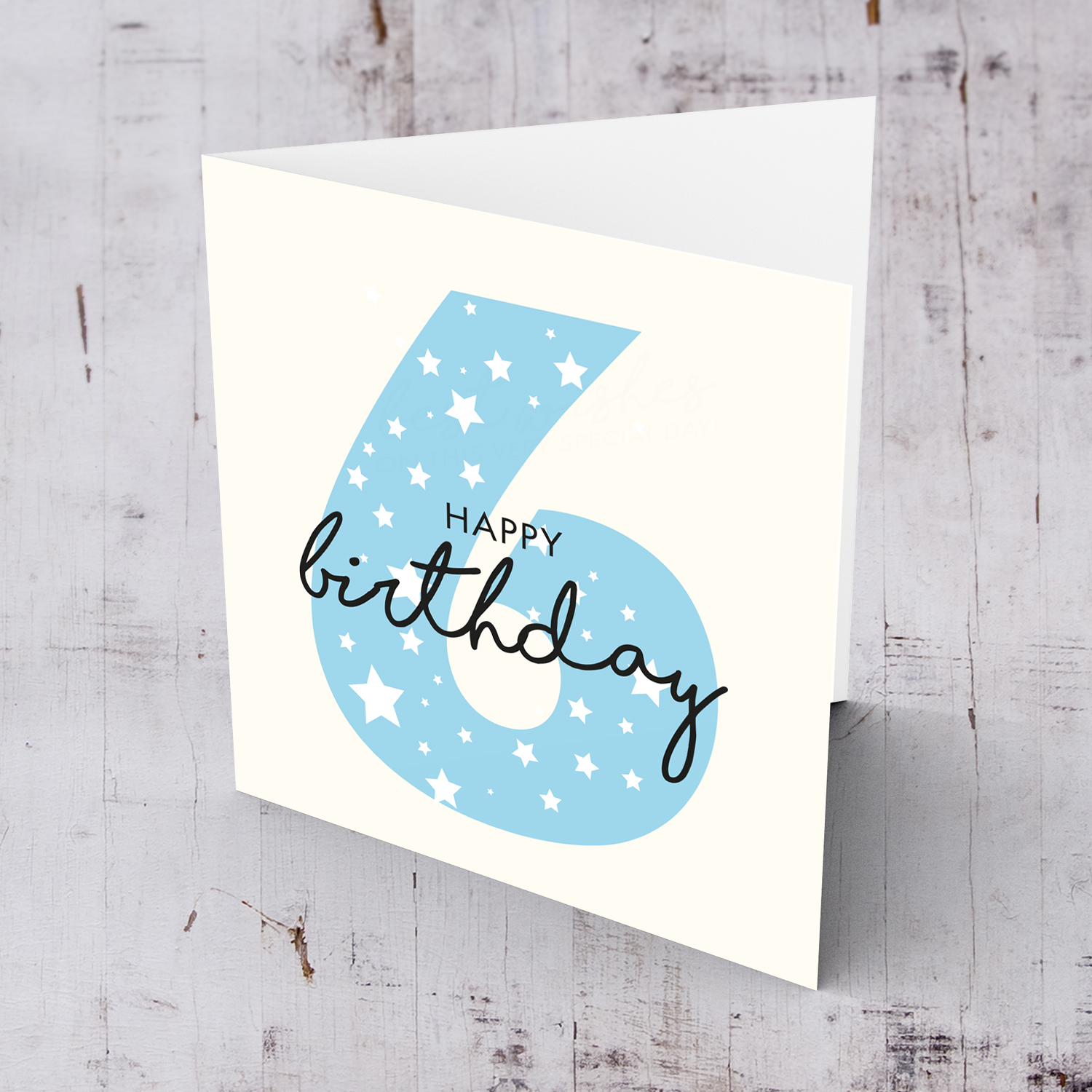 Blue number 6 with scattered white hearts birthday card in English