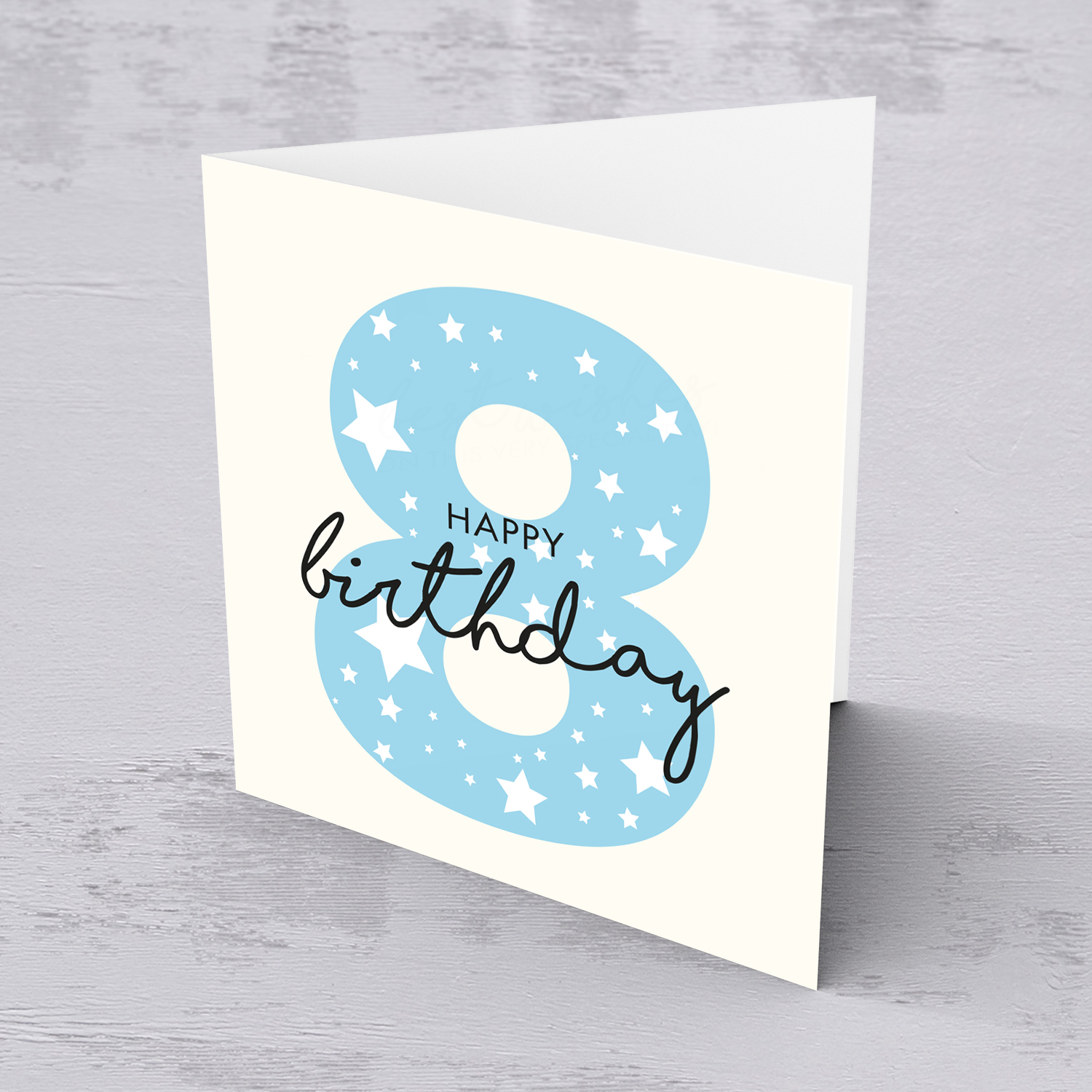 Blue number 8 with scattered white hearts birthday card in English