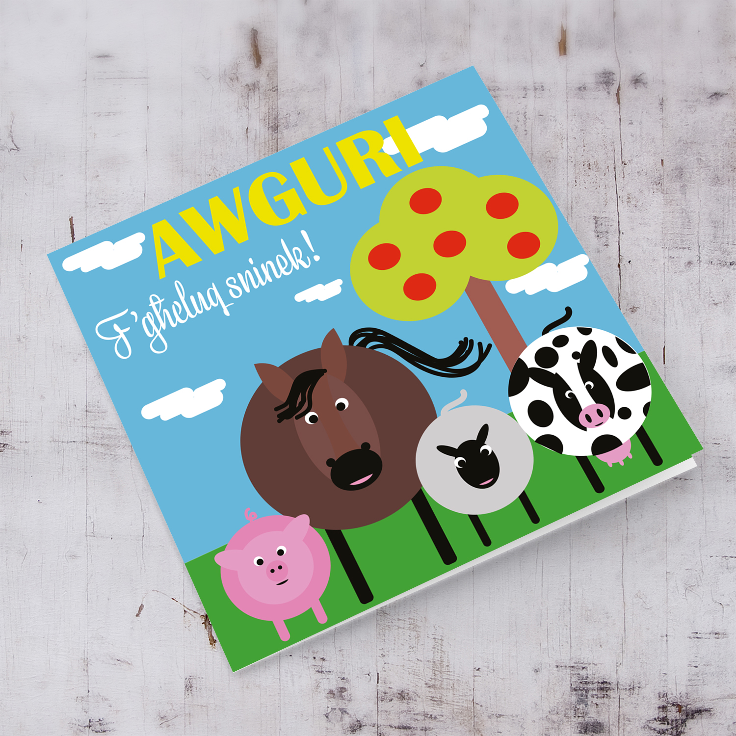 Animal themed birthday card including pig, horse, sheep and cow with apple tree in Maltese