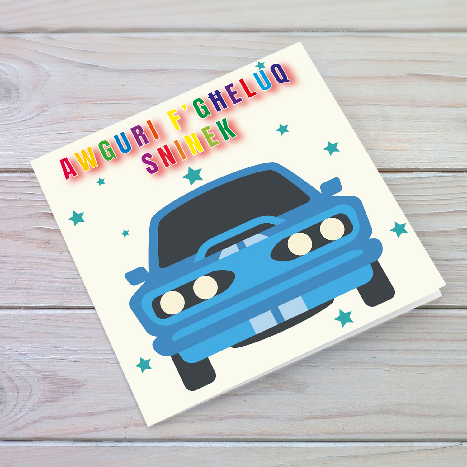 Blue car themed birthday card for boys in Maltese 