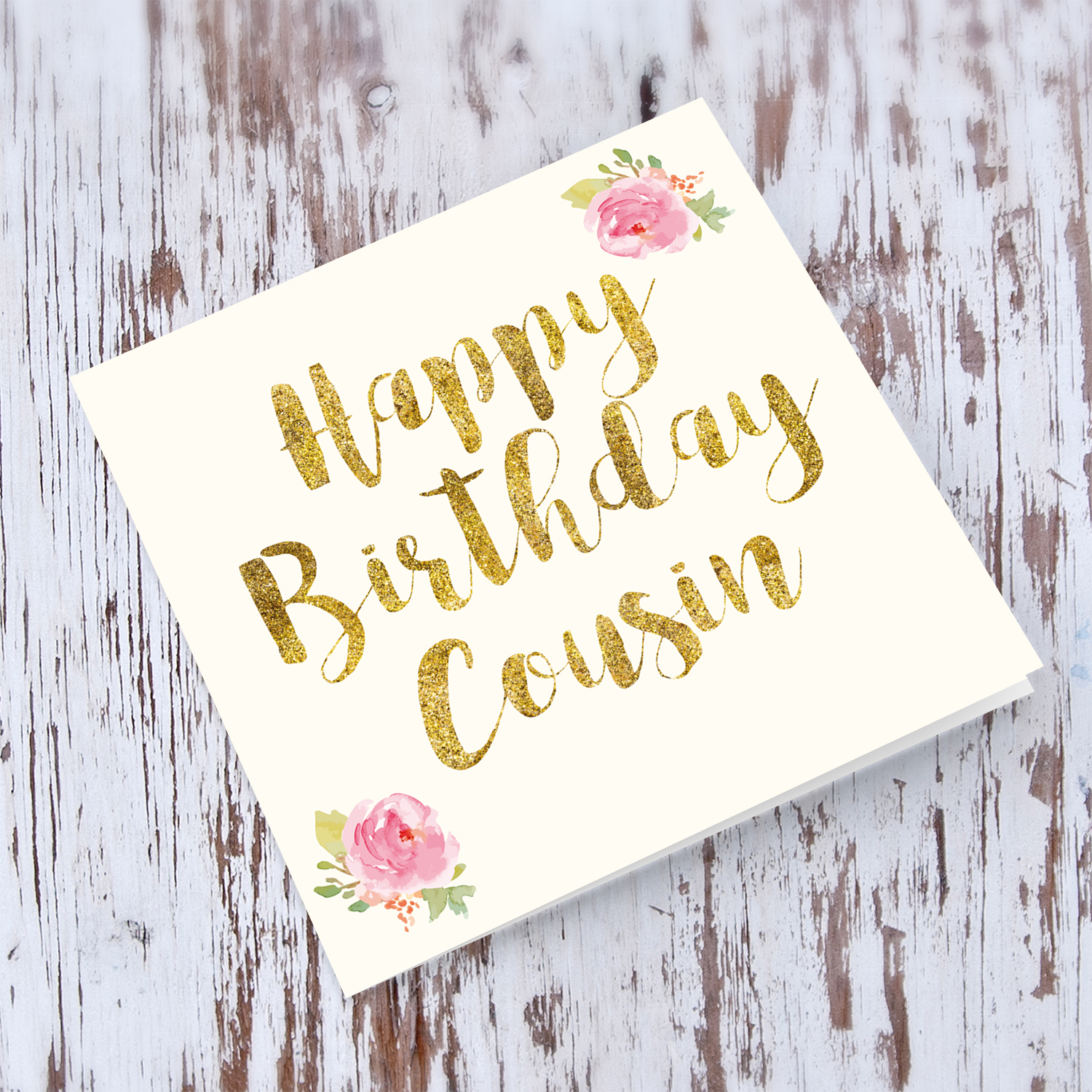 Golden glitter birthday card for cousing with flowers in English