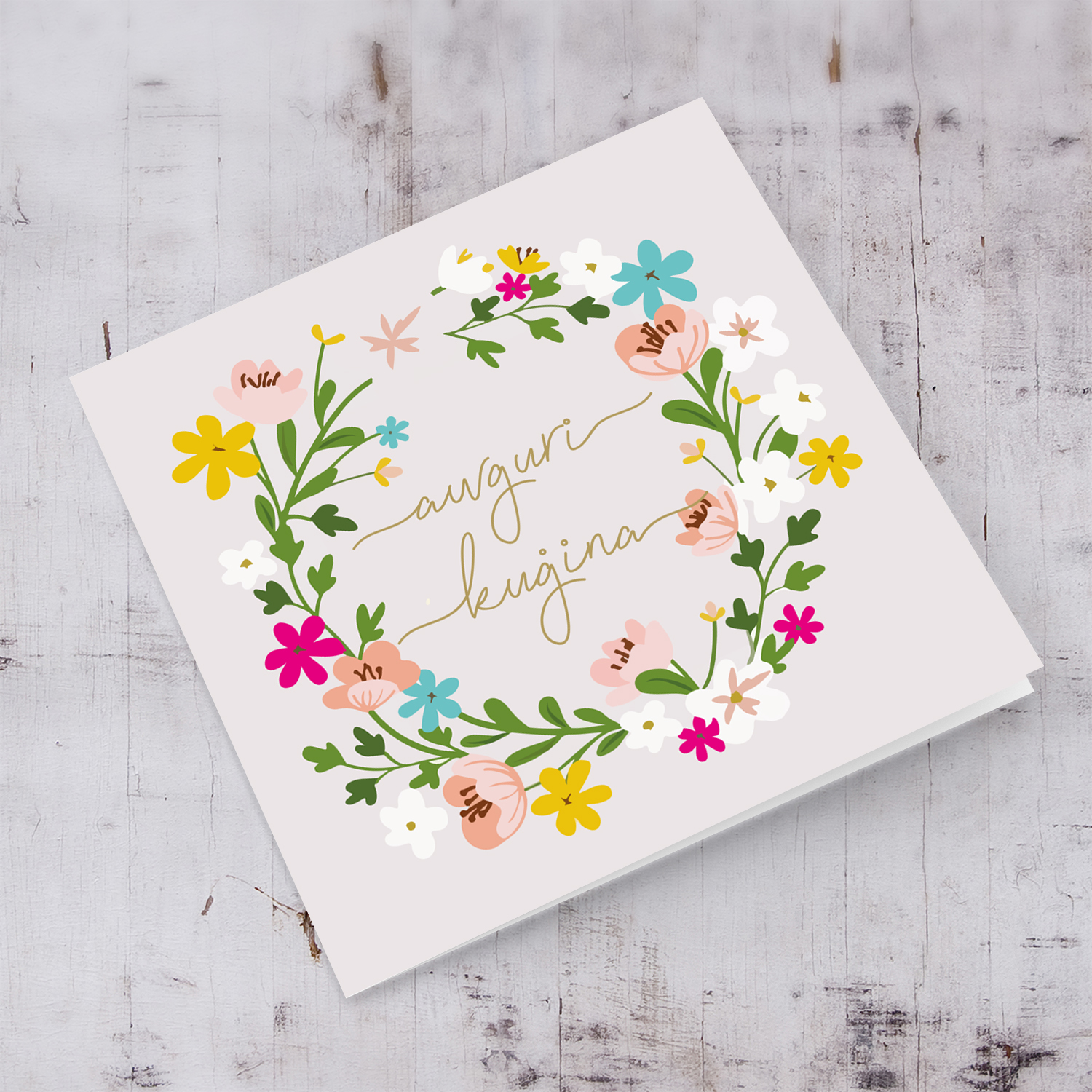 Colourful floral themed birthday card with light pink background for cousin  in Maltese