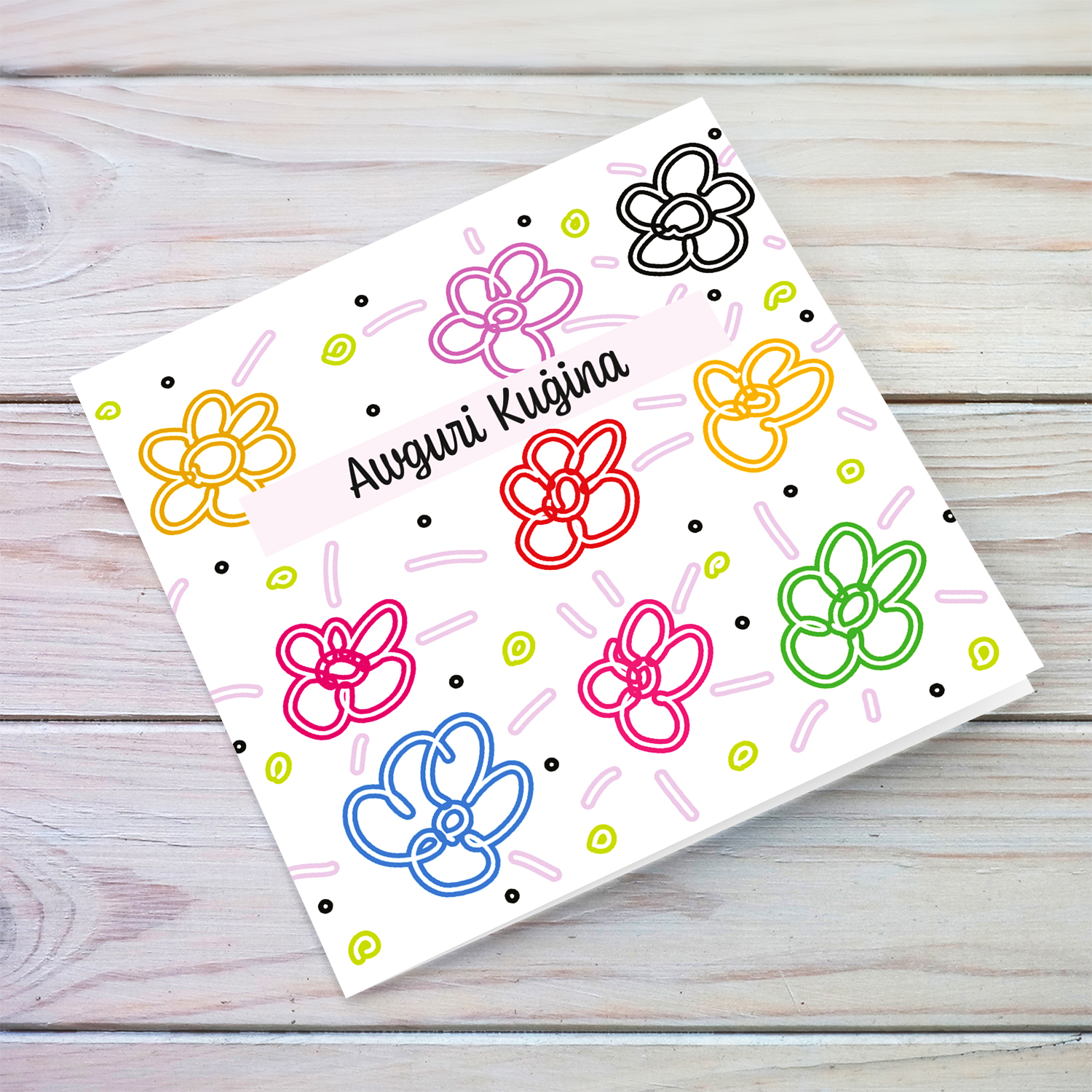 Colourful, bright coloured flowers birthday card for cousin / kuġina in Maltese