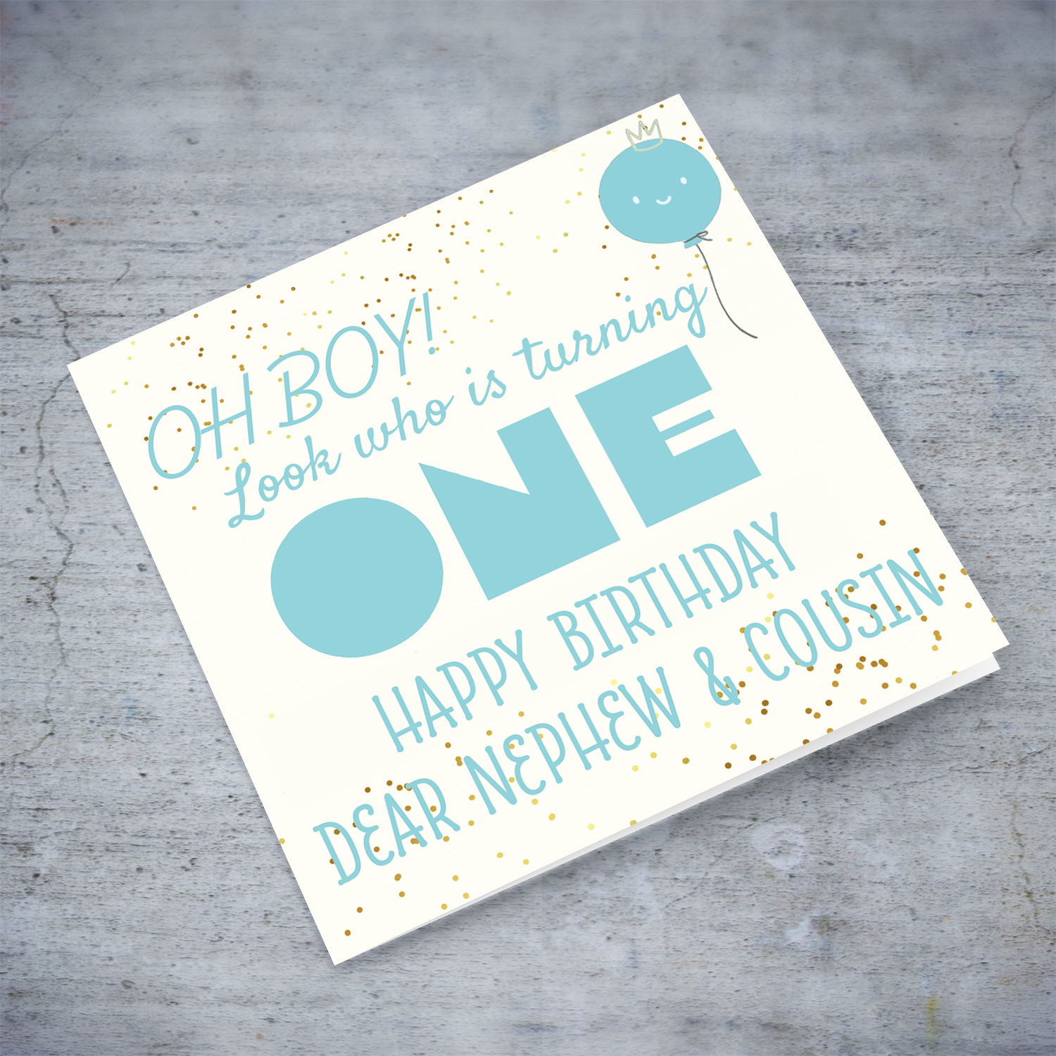Look who's turning ONE - birthday card for a dear nephew cousin with blue/turquoise text with cute balloon in English (2 in 1)