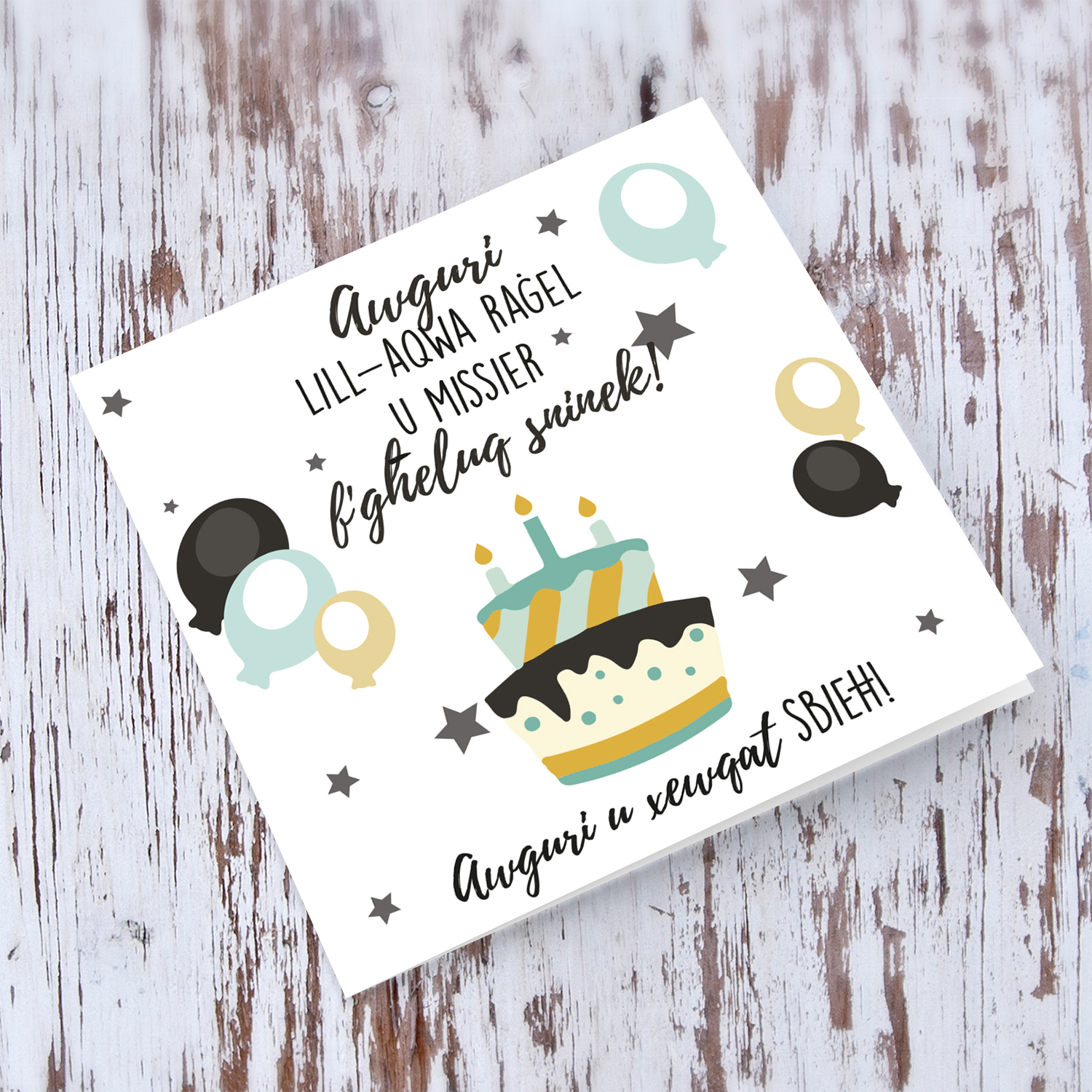 Birthday cake themed card for husband and father in Maltese