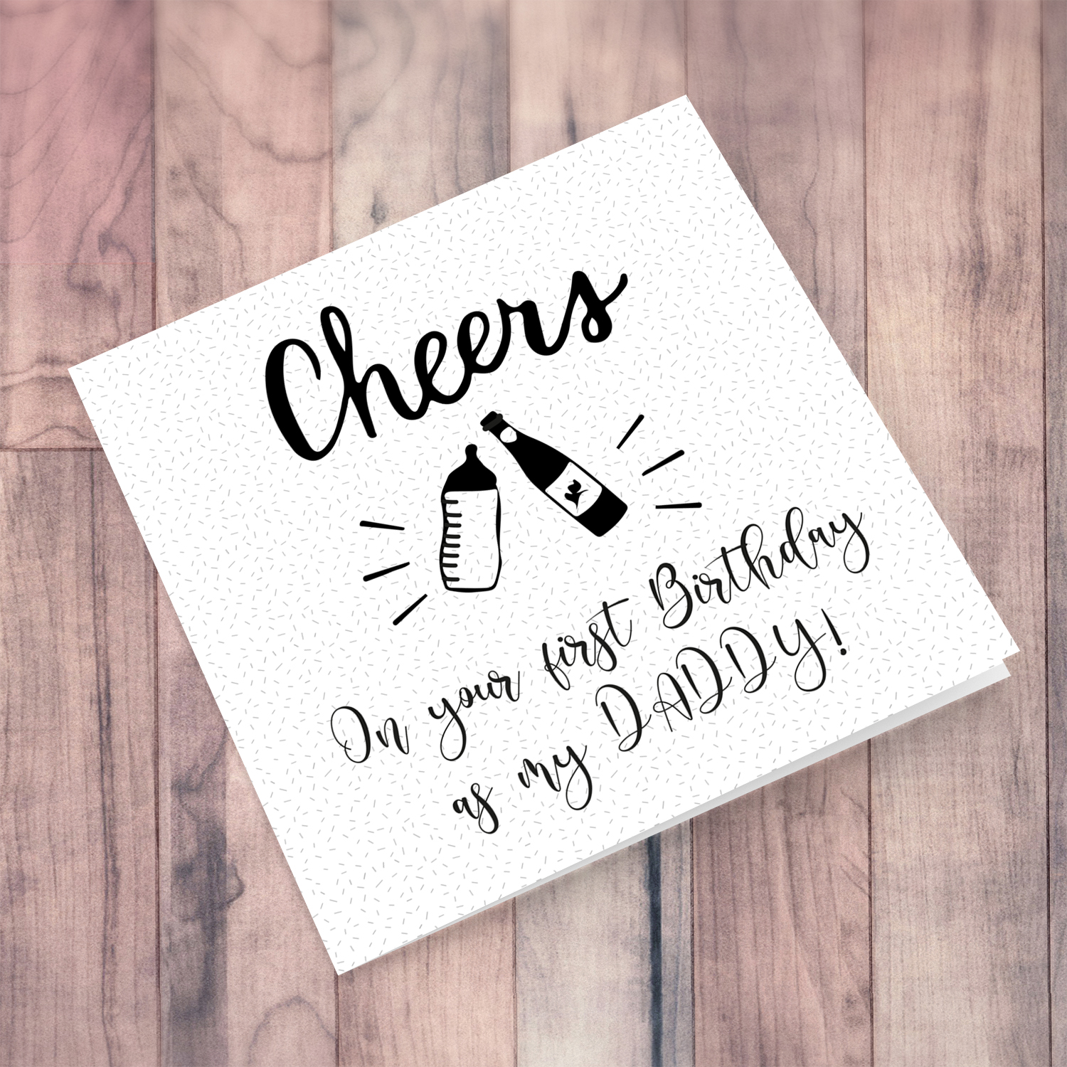 First birthday as my daddy card with baby bottle and beer bottle in English