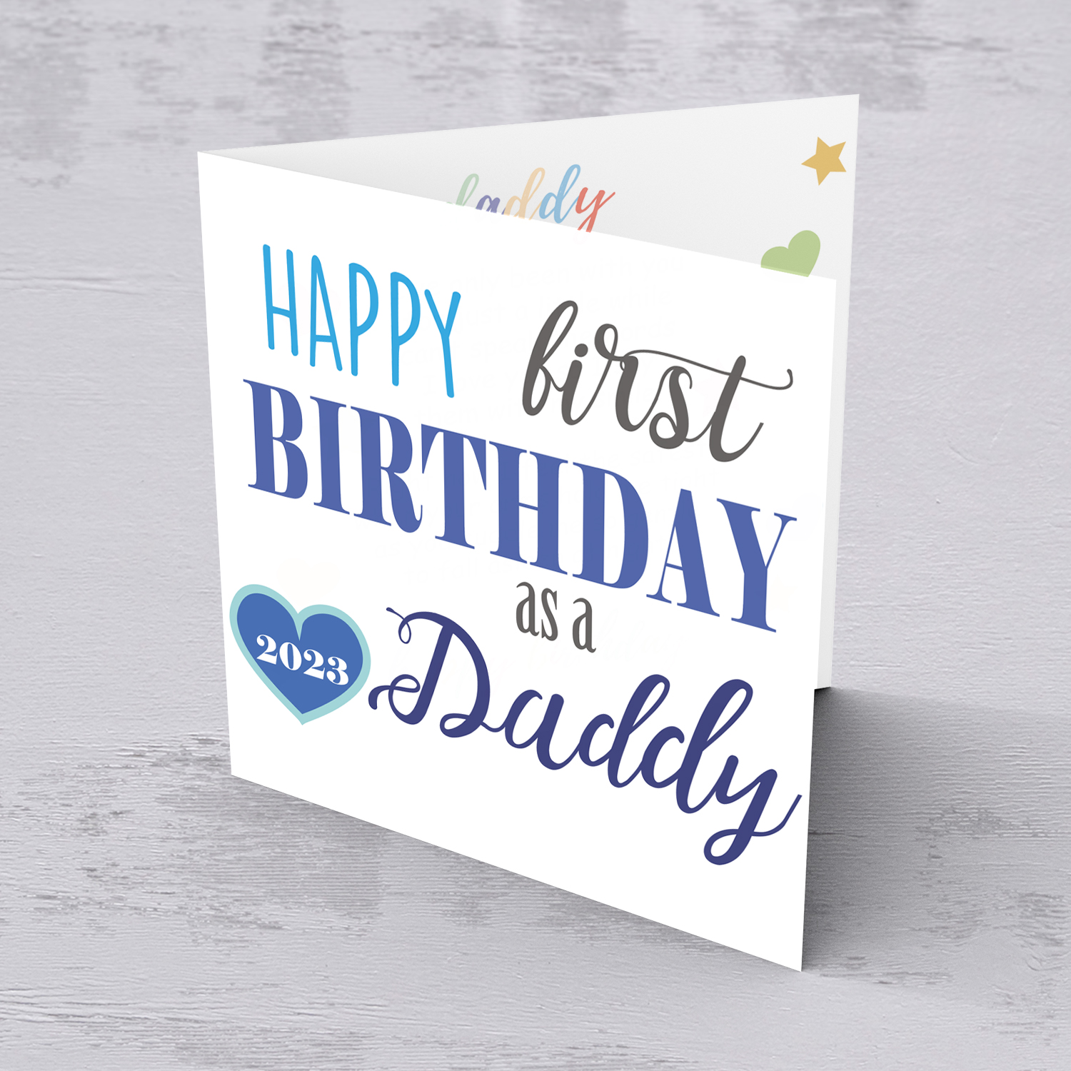 First Birthday as a daddy card with the year 2023 in heart, in blue tones