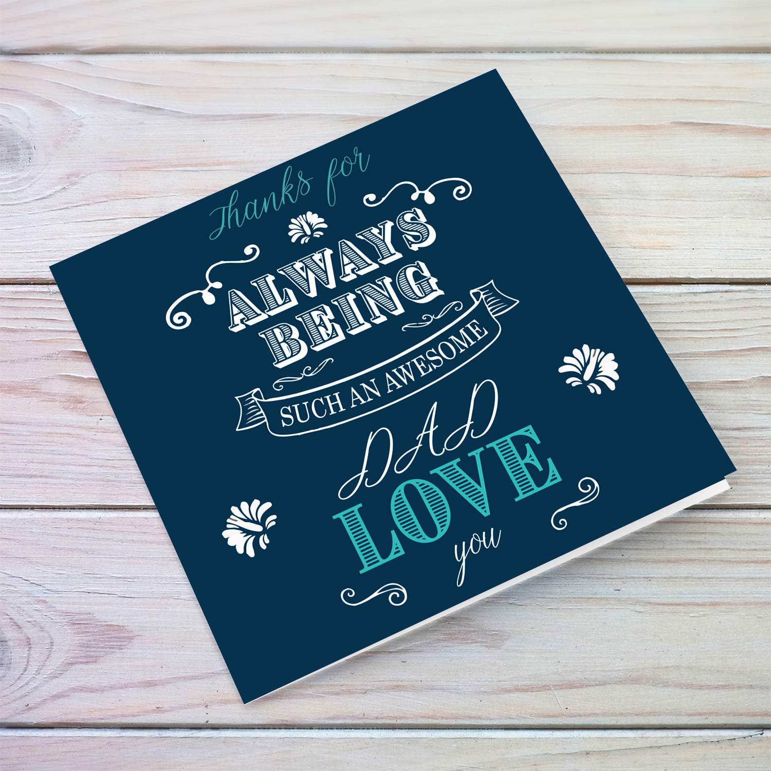 Dad birthday card in dark blue background and white & light blue text in English