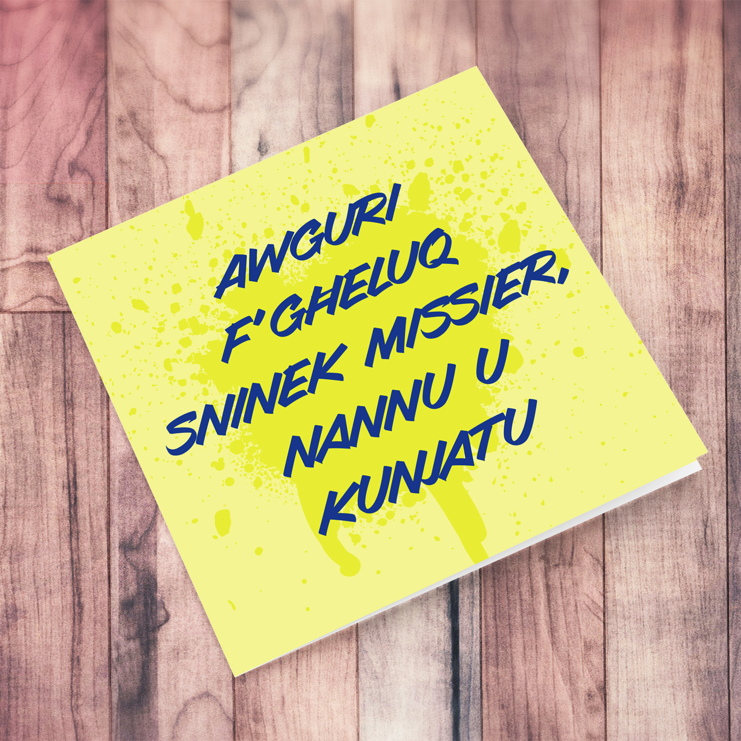 Yellow splattered paint background with blue text birthday card for dad, granddad & father-in-law in Maltese