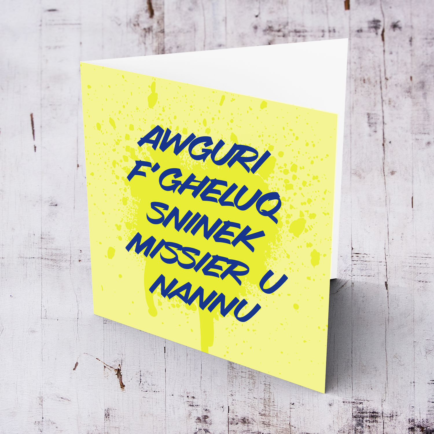 Yellow splattered paint background with blue text birthday card for dad & grandpa in Maltese
