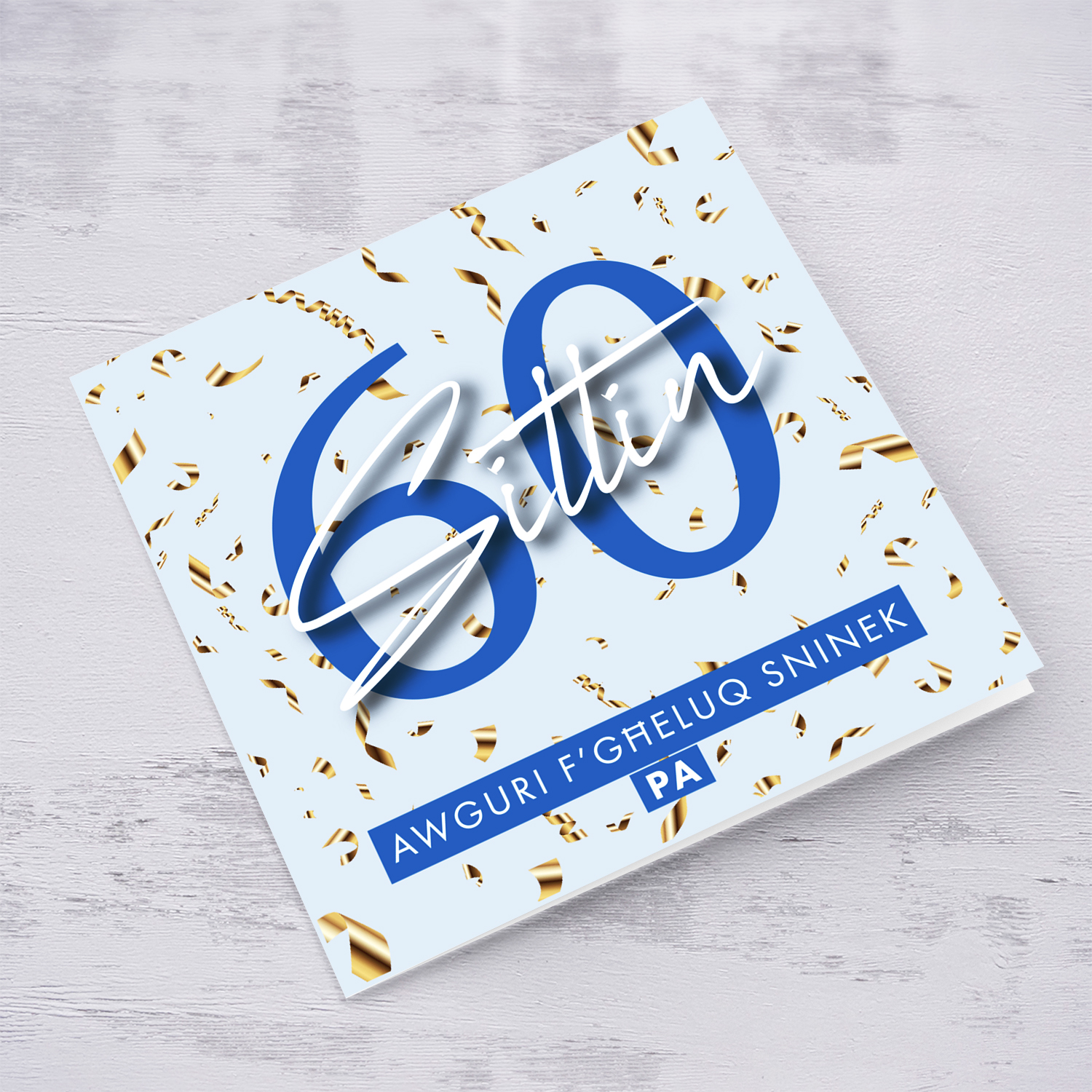 60th birthday card for dad in light blue background, golden confetti in Maltese
