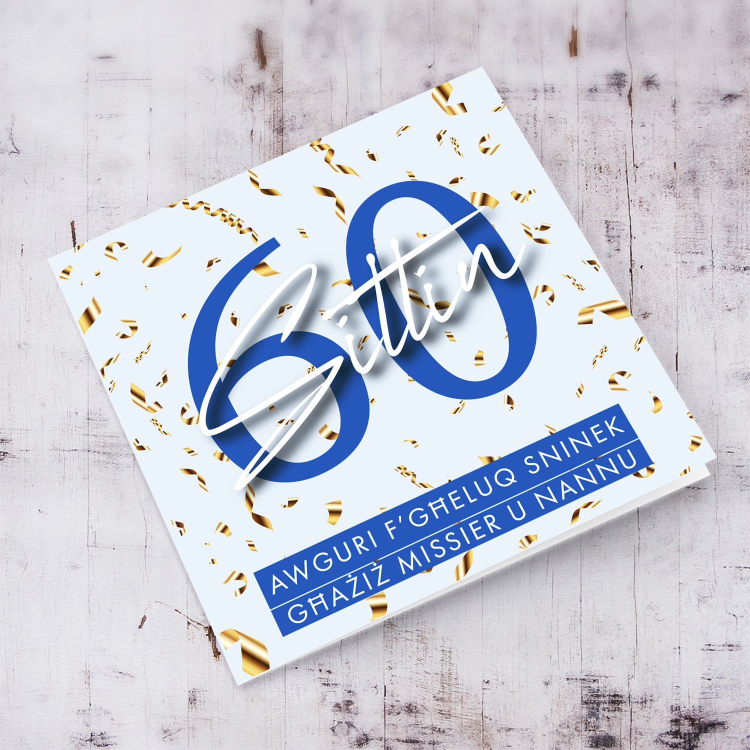 60th birthday card for dad and grandpa in light blue background, golden confetti in Maltese