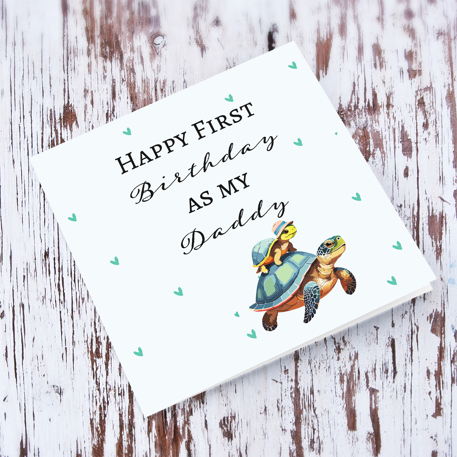 Happy First Birthday as my Daddy - turtle themed birthday card with scattered green stars in English