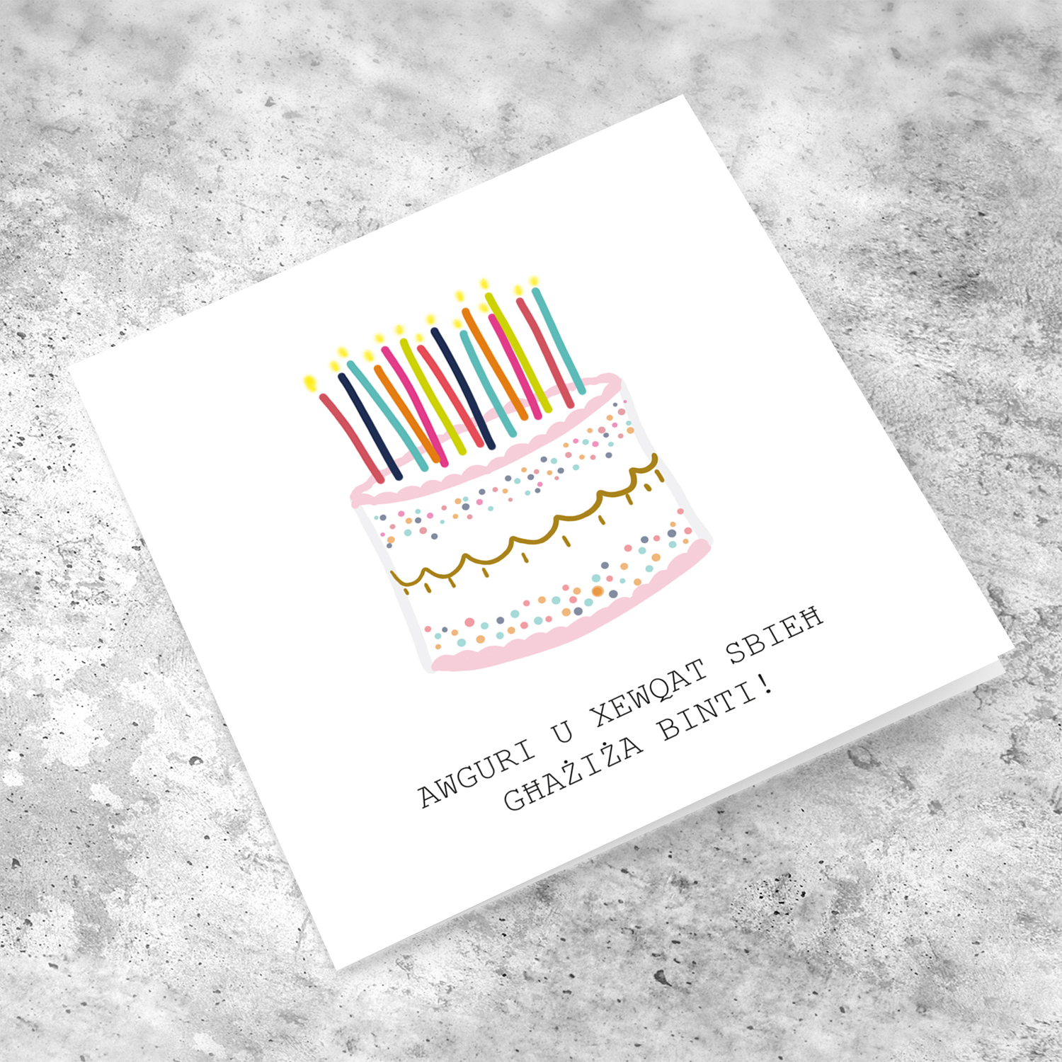 Birthday cake themed card for daughter in Maltese