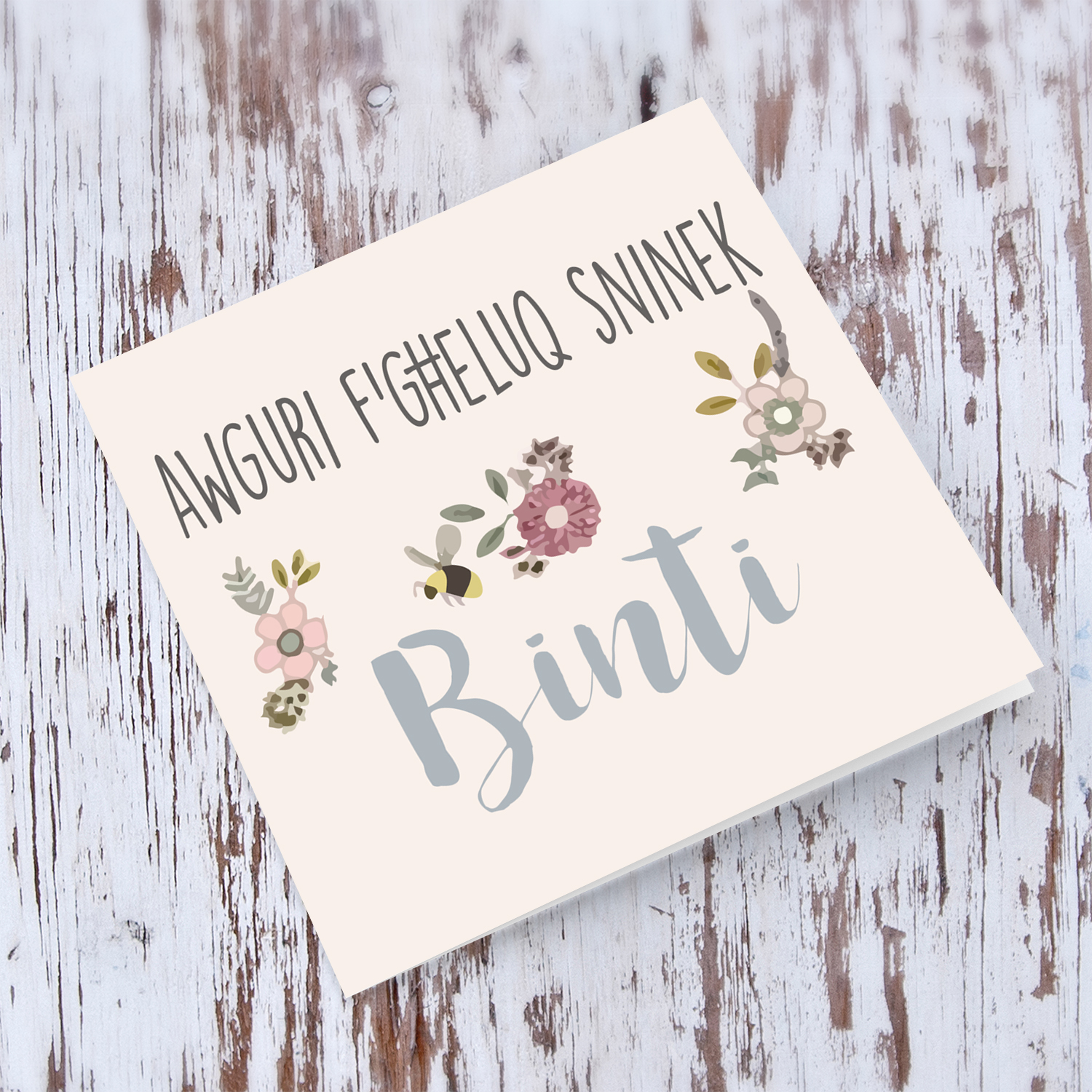 Birthday card for daughter with flowers and bee in Maltese