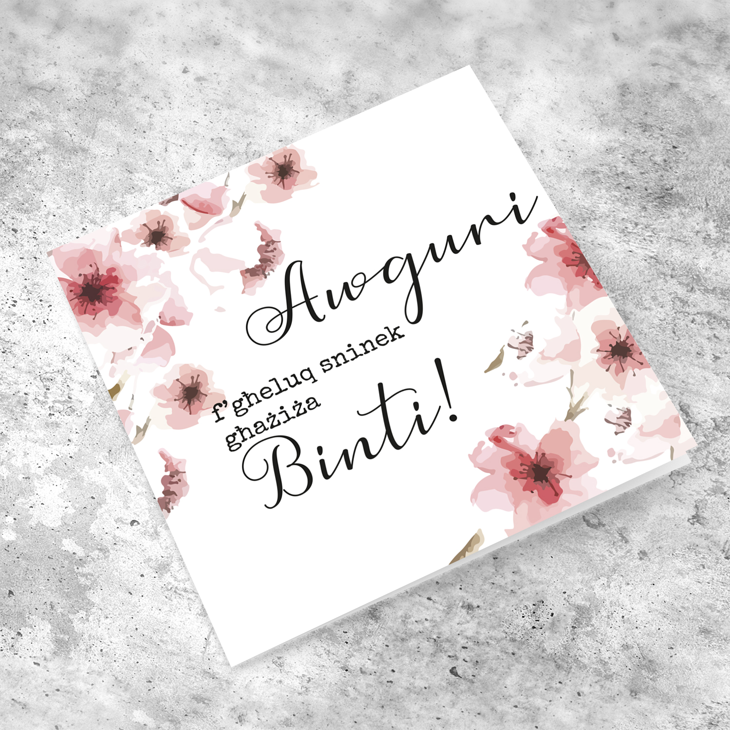 Pink flower themed birthday card for daughter in Maltese