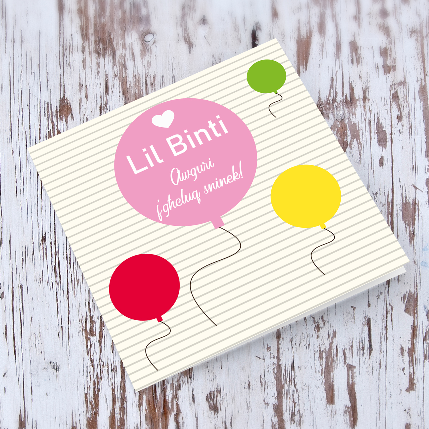 Colourful Balloon themed birthday card with striped background in Maltese for daughter