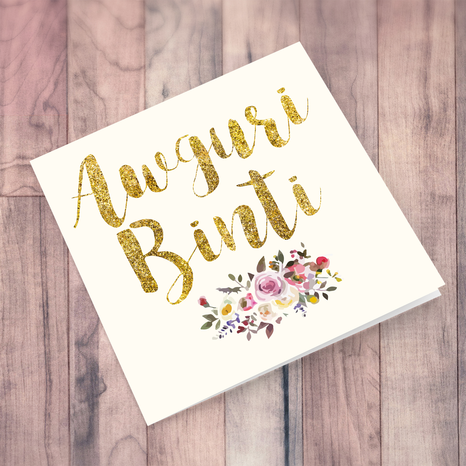 Golden glitter birthday card for daughter with flowers in Maltese