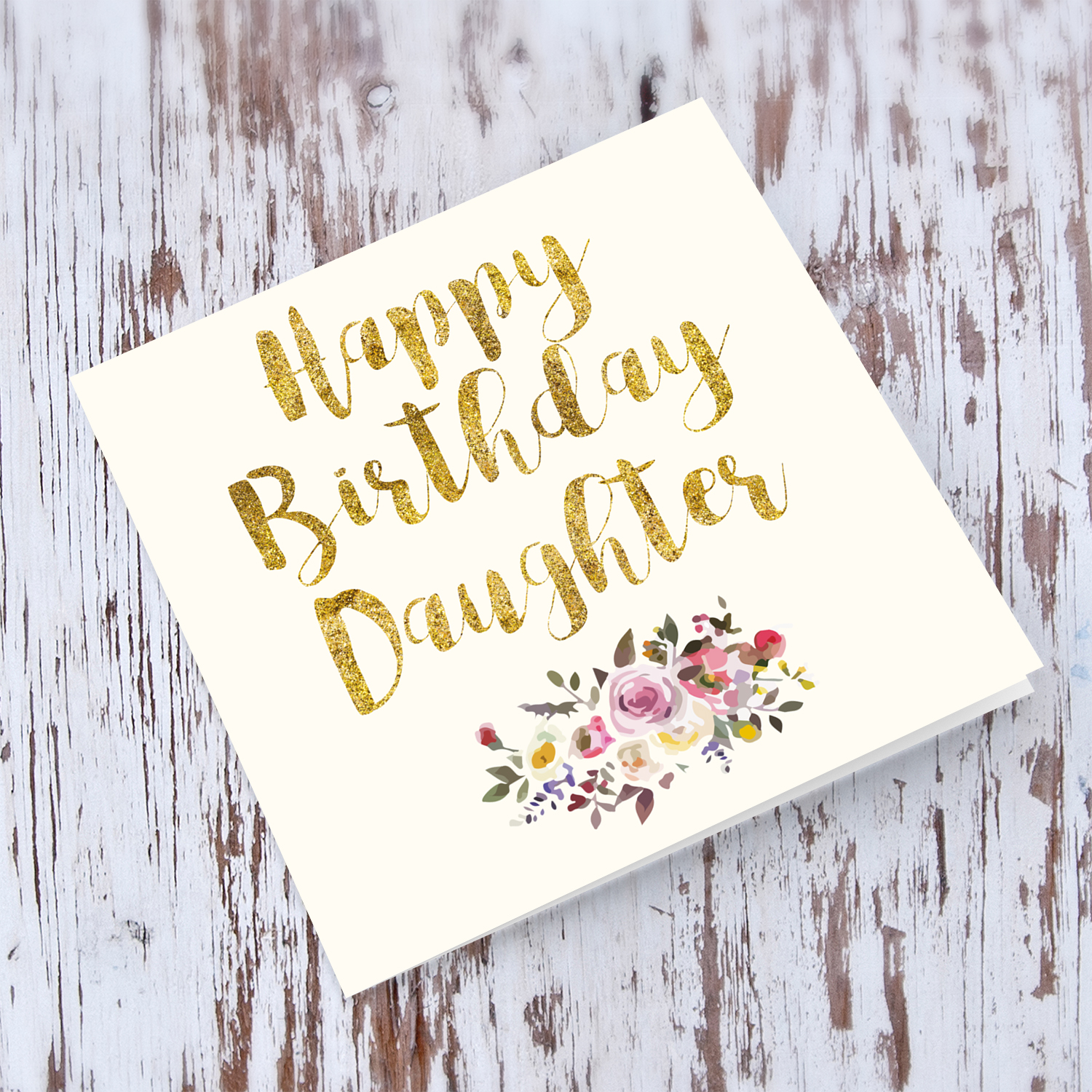 Golden glitter birthday card for daughter with flowers in English