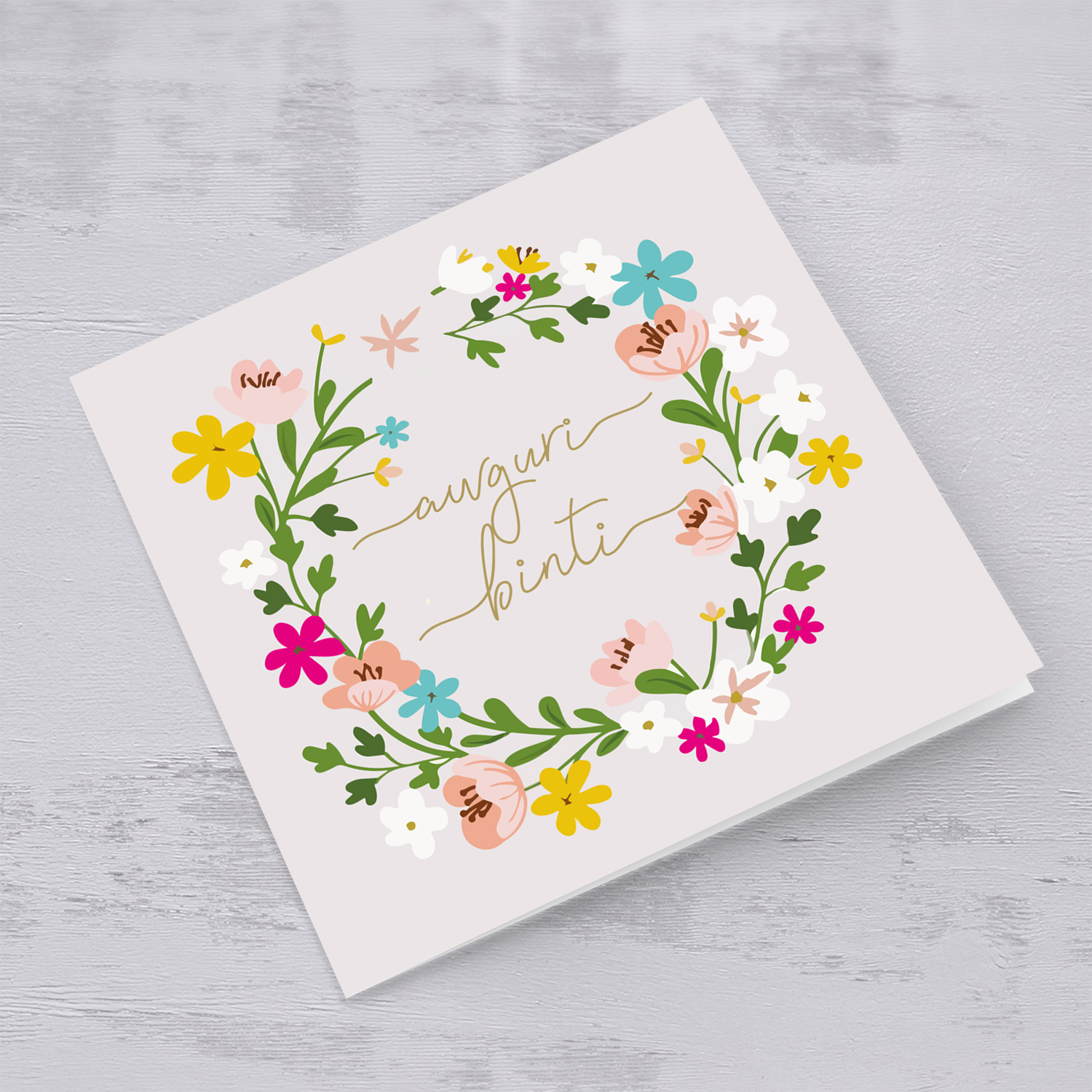 Colourful floral themed birthday card with light pink background for daughter in Maltese