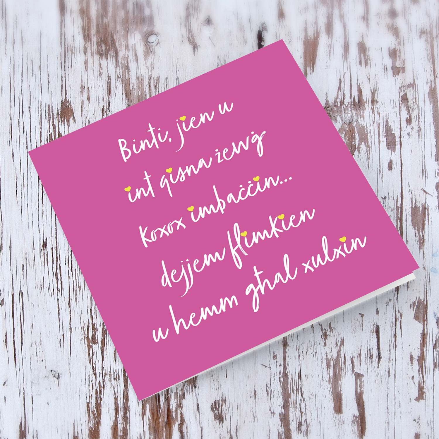 Funny Birthday card for daughter with pink background and yellow hearts in Maltese