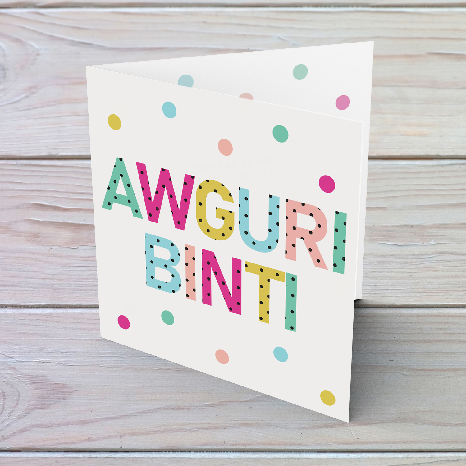 Colourful text with polka dots - Awguri Binti - birthday card for Daughter in Maltese