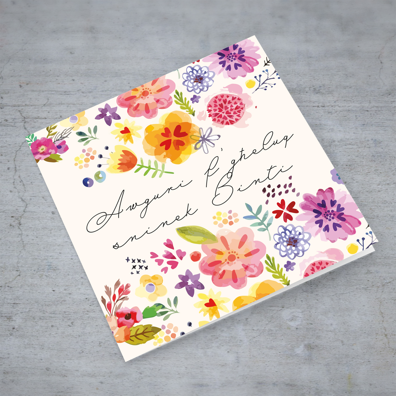 Colourful floral birthday card for daughter in Maltese
