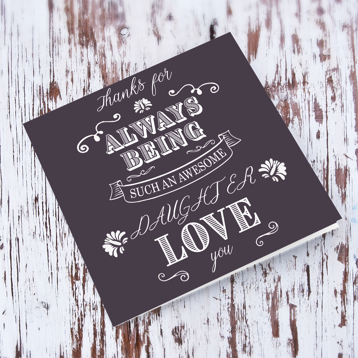 Daughter birthday card in dark purple background and white text in English
