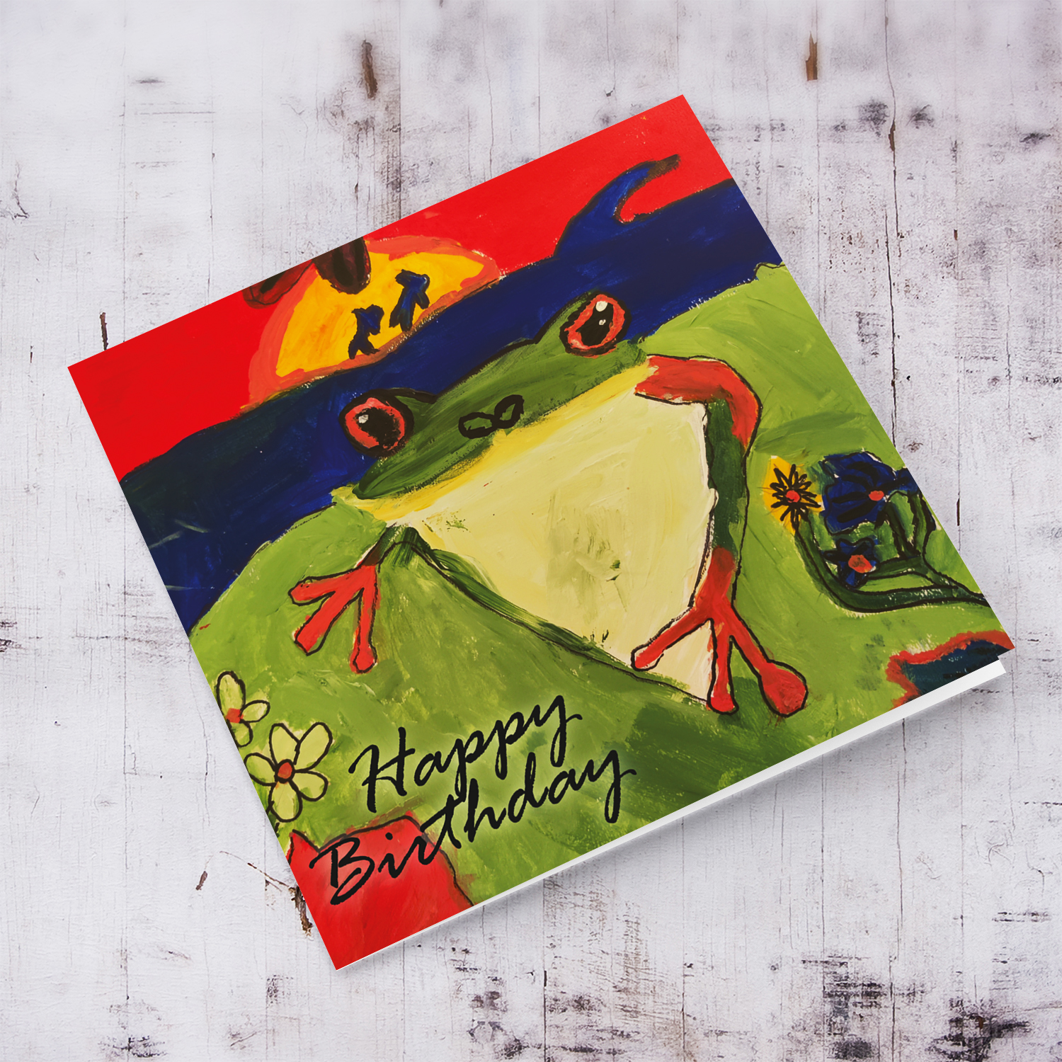 Red-eyed tree frog colourful birthday card in English - drawn by Elle Mamo