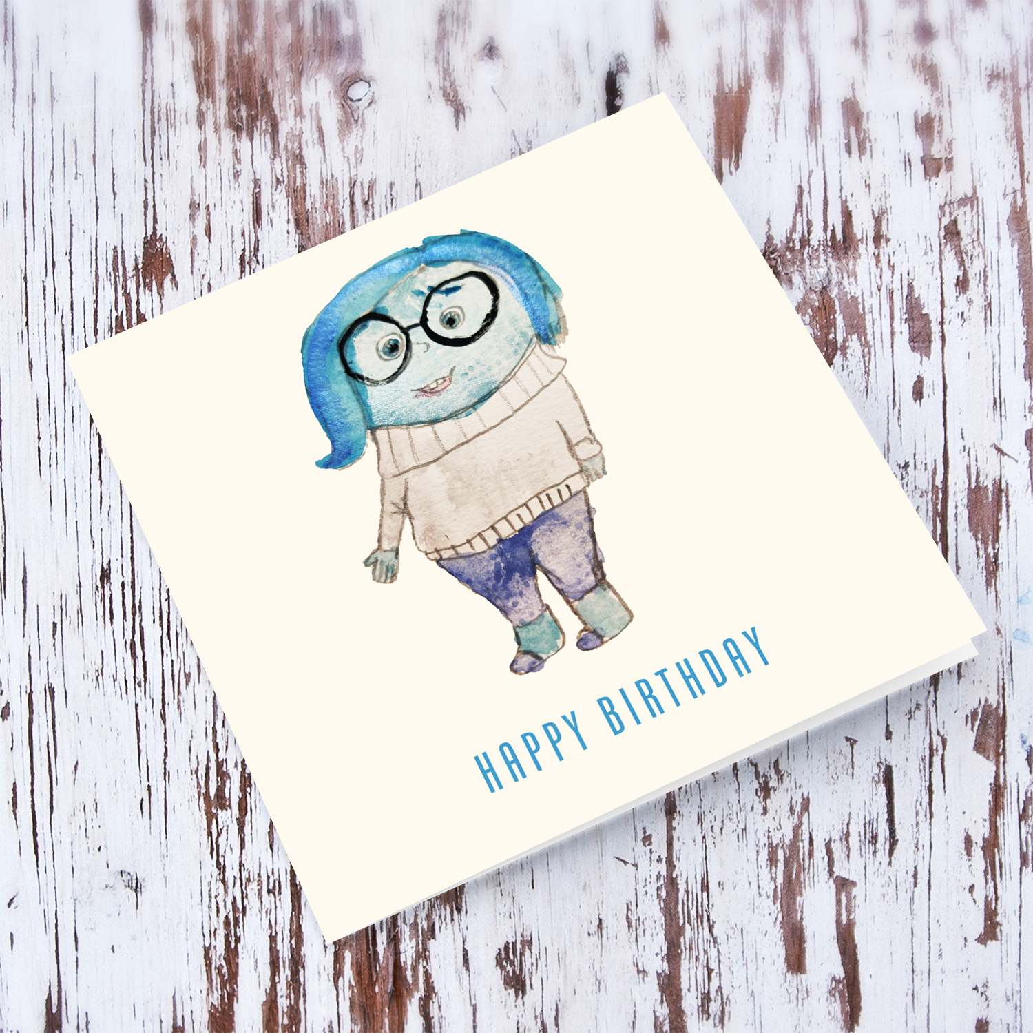 Inside Out Movie - Sadness Character birthday card in English (painted by Elle Mamo)