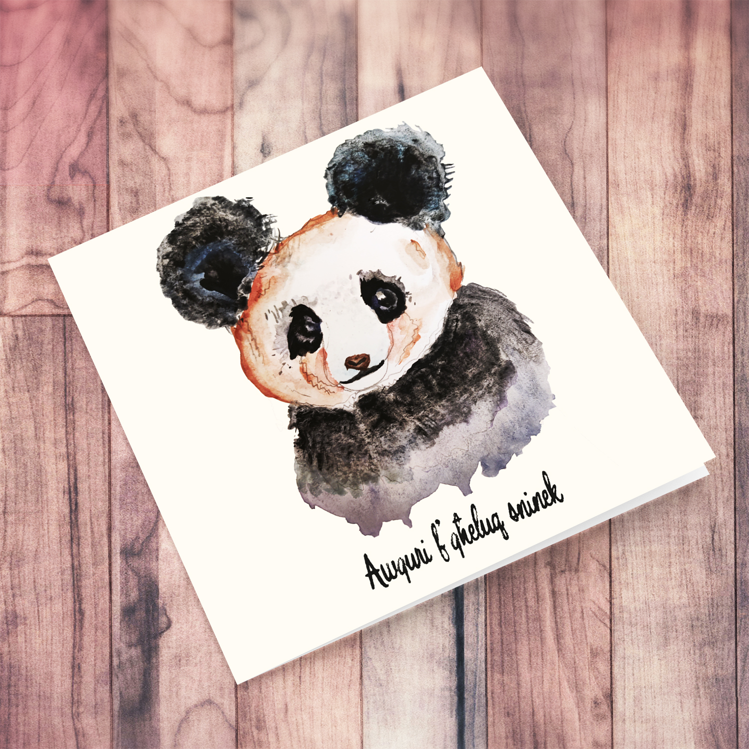 Watercolour panda themed birthday card in Maltese by Elle Mamo