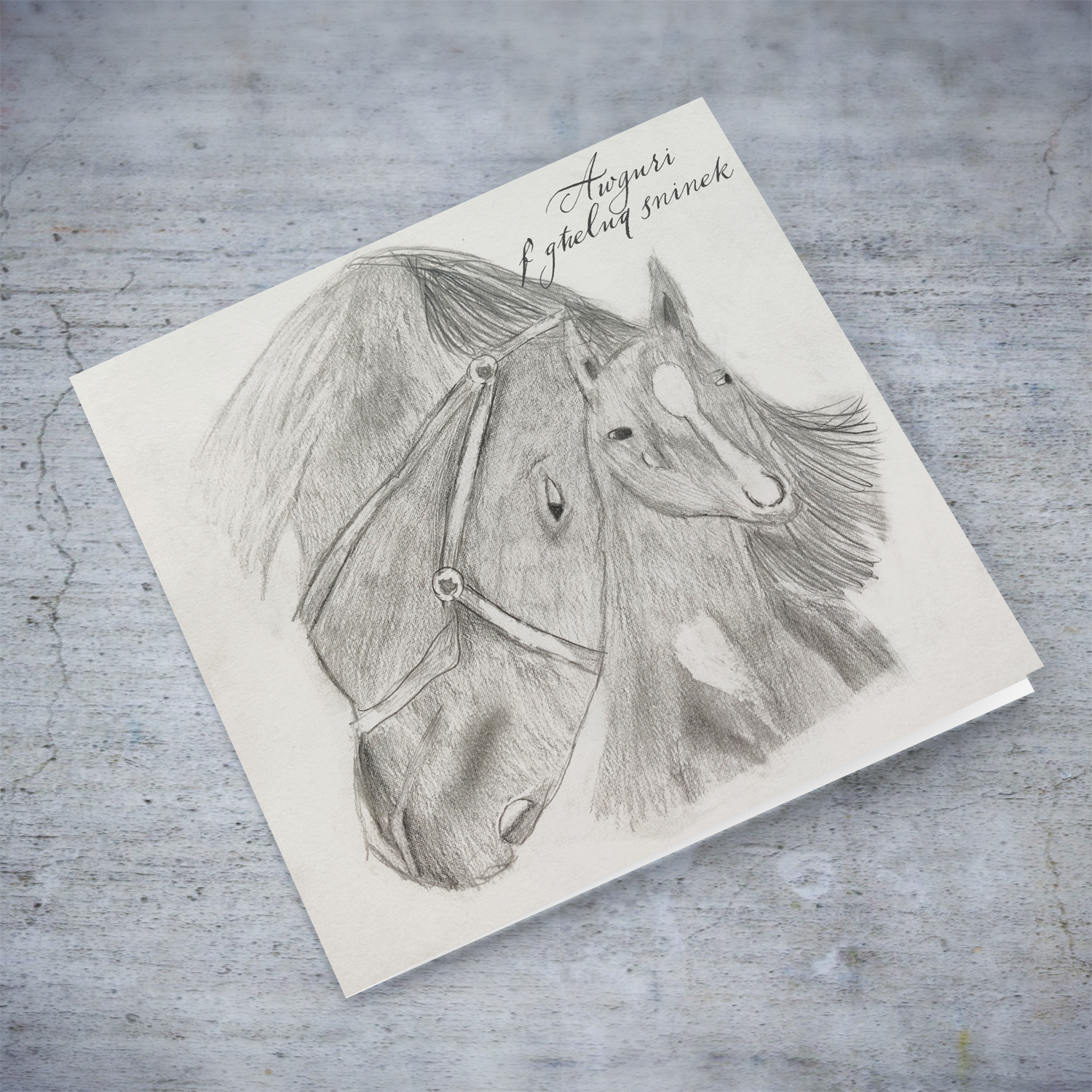 Horse themed pencil drawing birthday card - drawn by Elle Mamo in Maltese