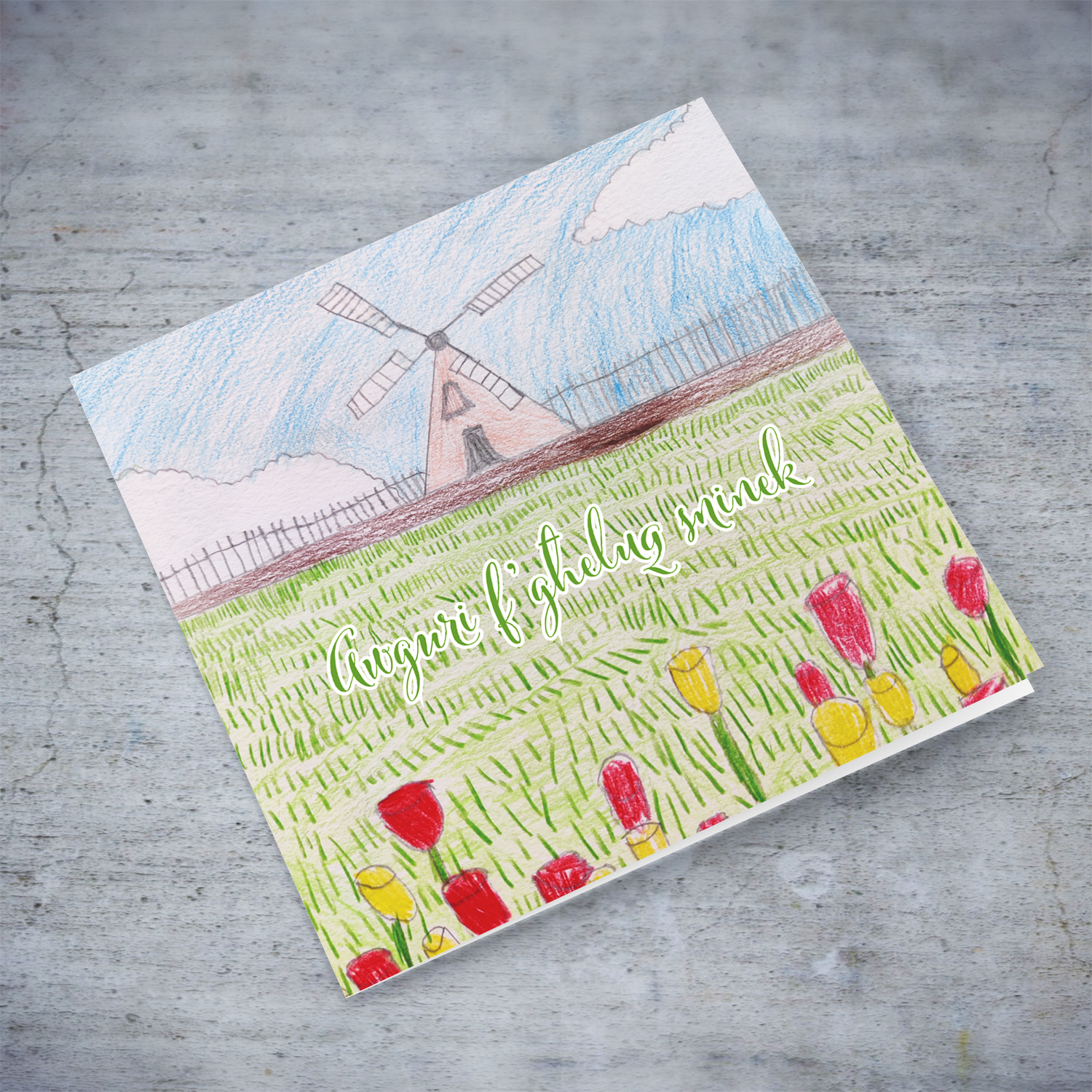 Windmill & field of tulips themed birthday card in Maltese (by Elle Mamo)