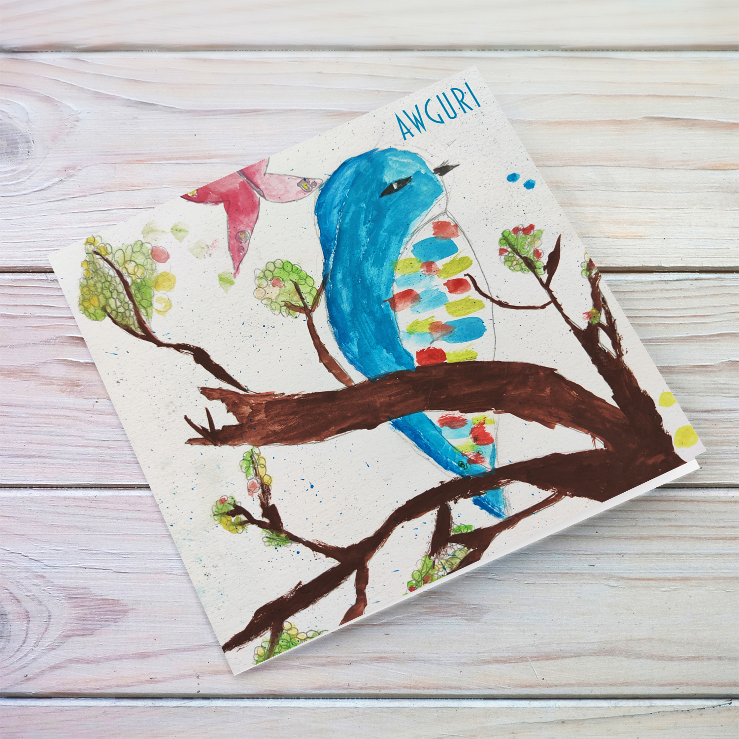 Bird sitting on branch birthday card in watercolours - Maltese by Elle Mamo