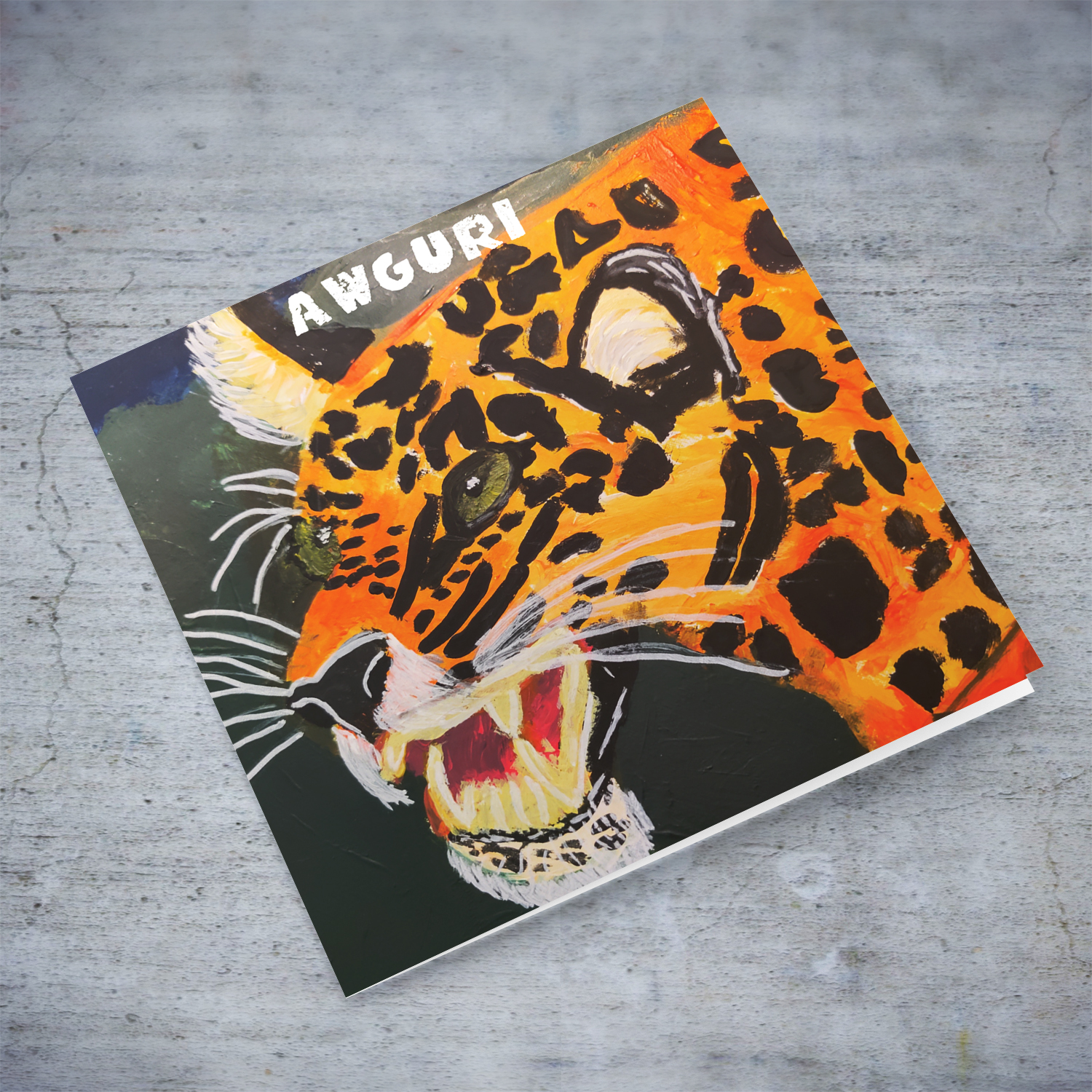 A close up Jaguar themed birthday card in Maltese - painted by Elle Mamo