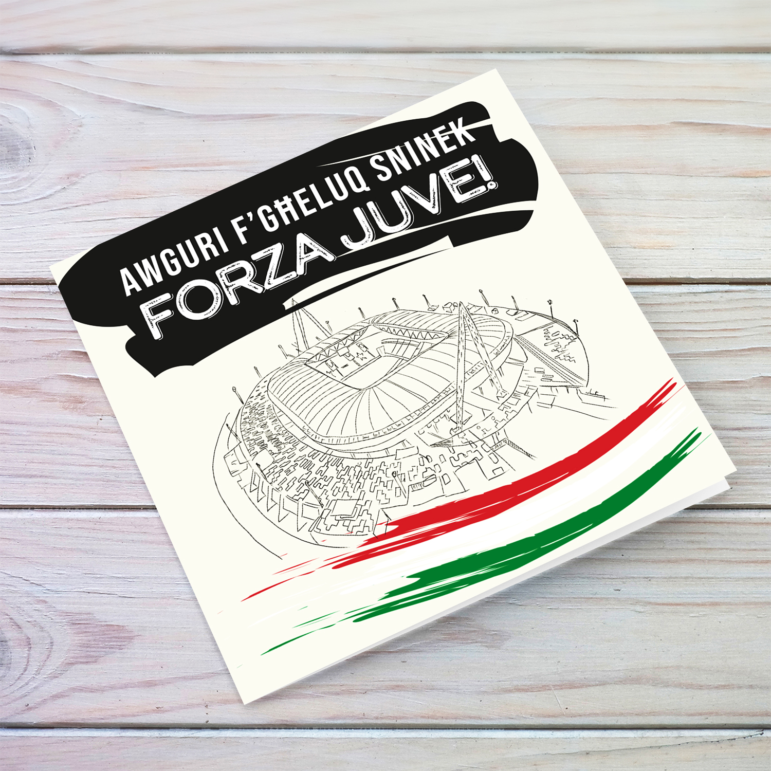 Hand drawn Allianz Stadium - Birthday Card with Italian flag colours - Forza Juventus in Maltese