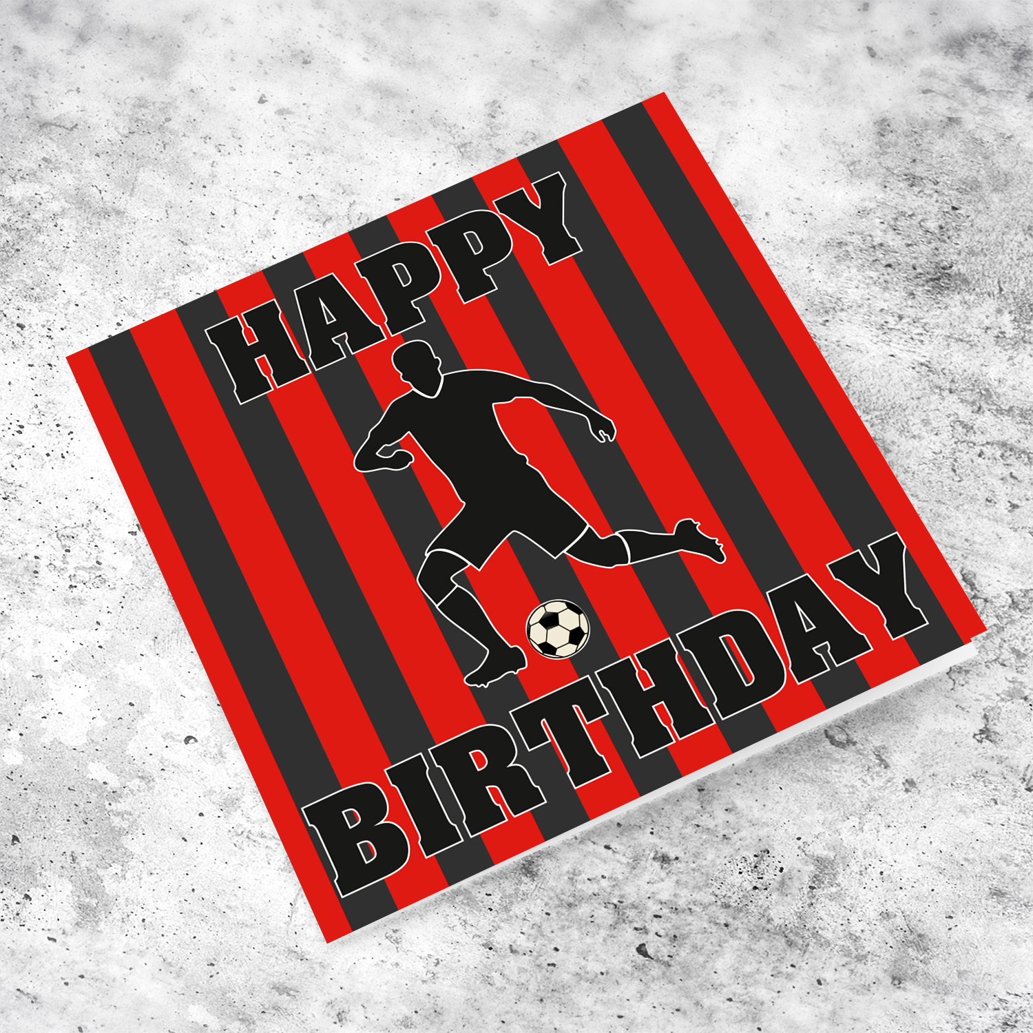 An open birthday card featuring MILAN football colours - in black and red stripes in English